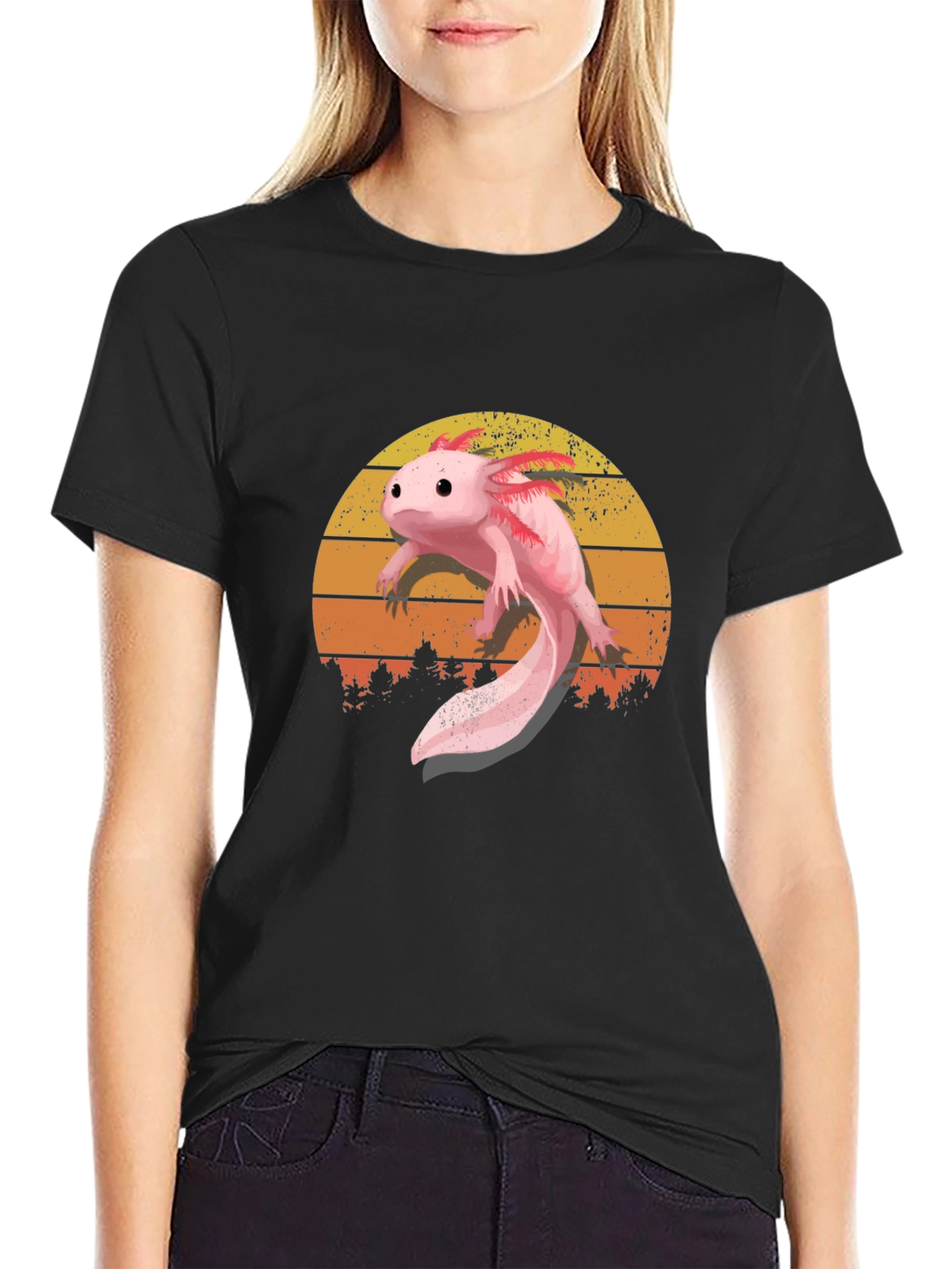 Black Axolotl Sunset Graphic Tee - Black Cotton T-Shirt view 2