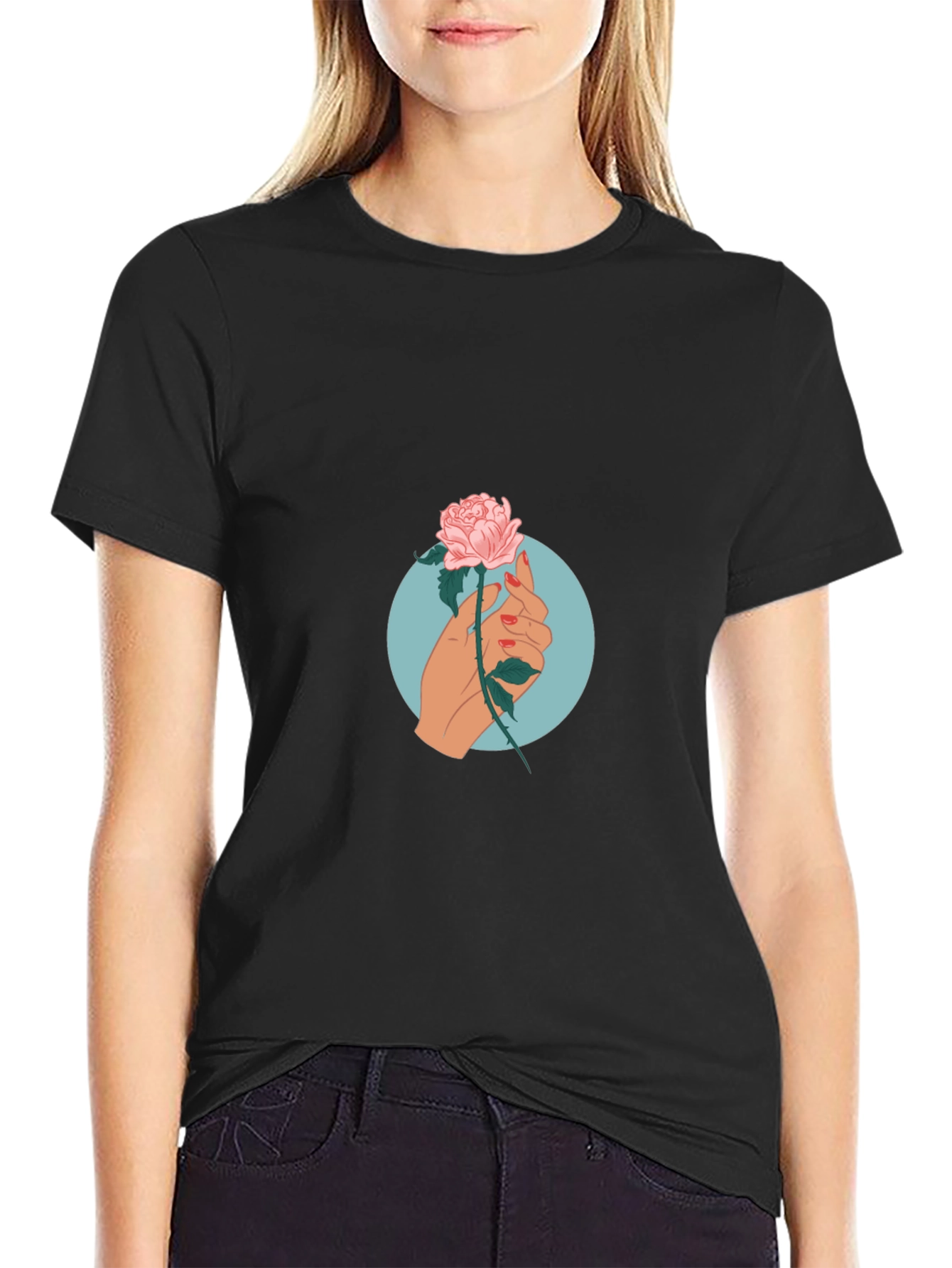 Black Rose Hand Graphic Print Tee - Casual Black T-Shirt view 2