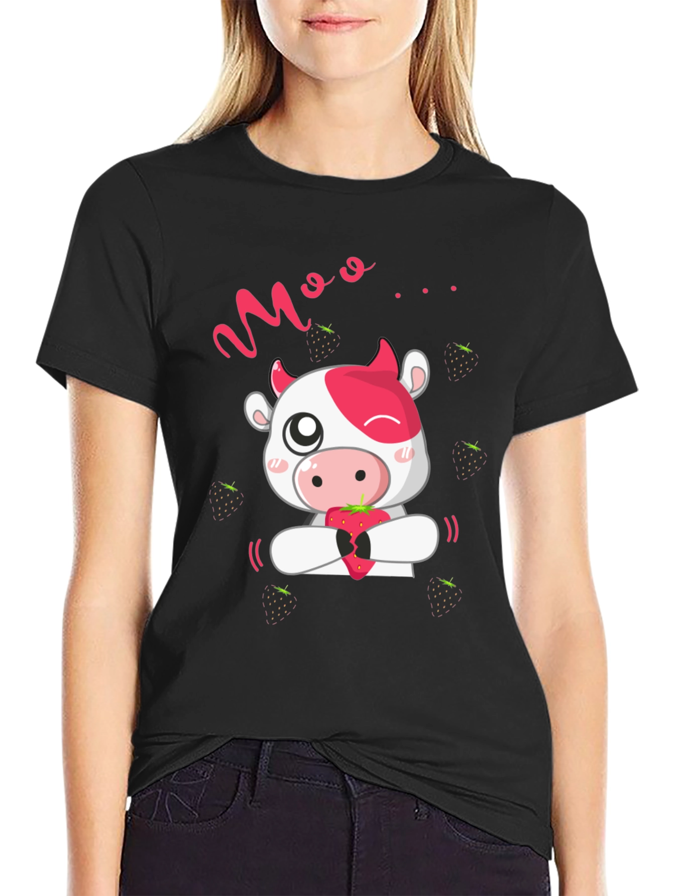 Black Moo Strawberry Cow Black T-Shirt view 2