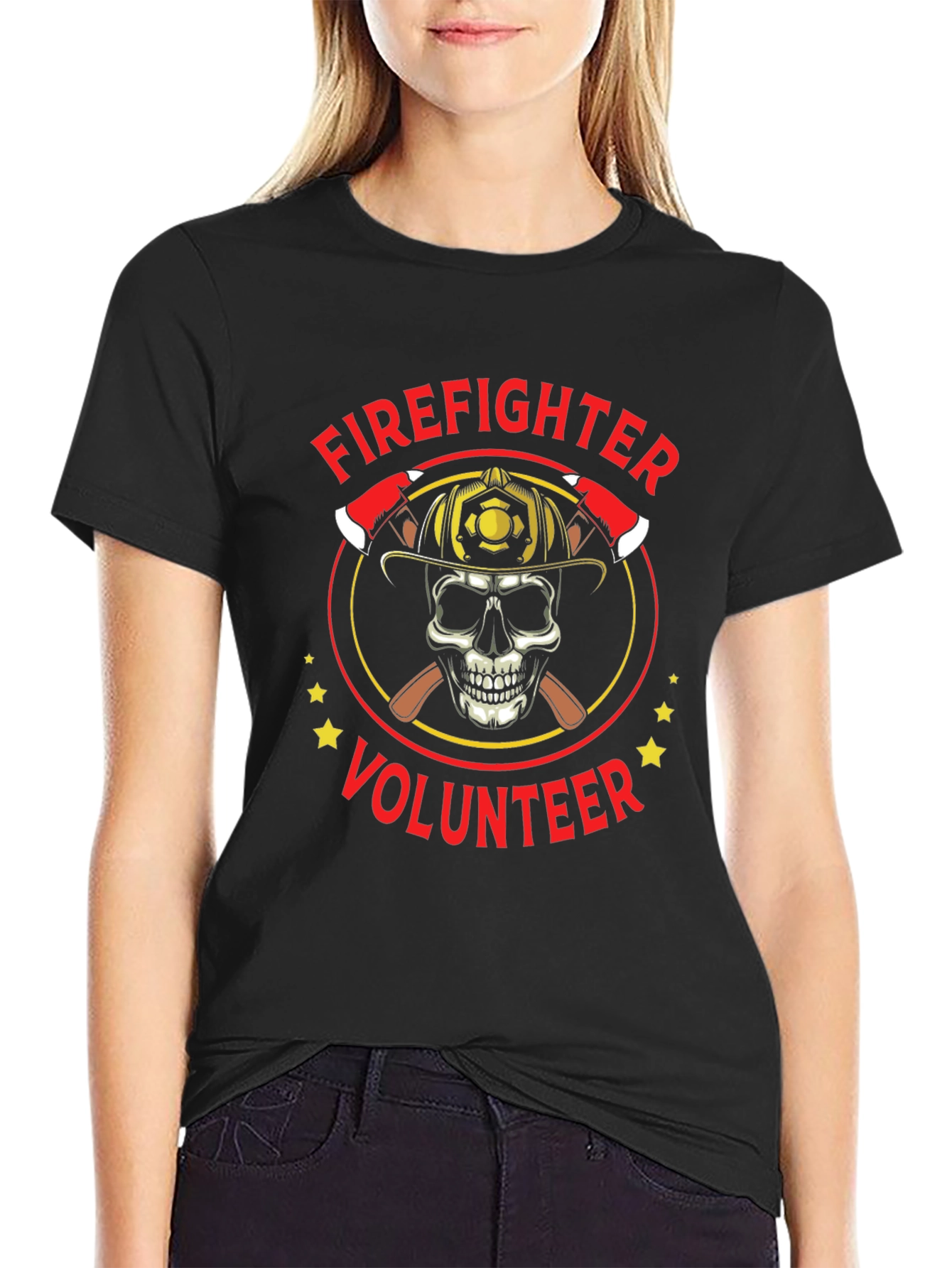 Black Firefighter Volunteer Skull Graphic Tee - Black Cotton Shirt view 2