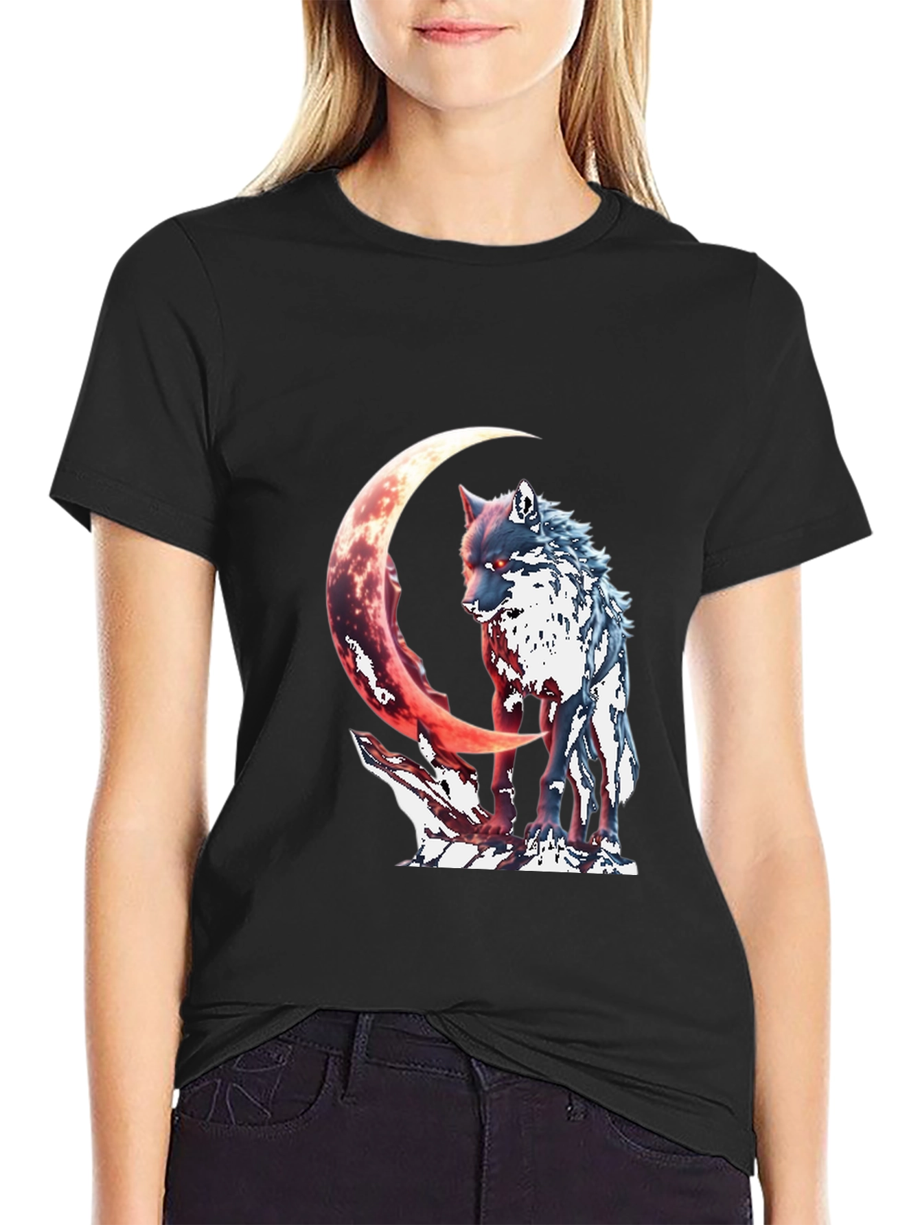 Black Wolf & Crescent Moon Graphic T-Shirt view 2