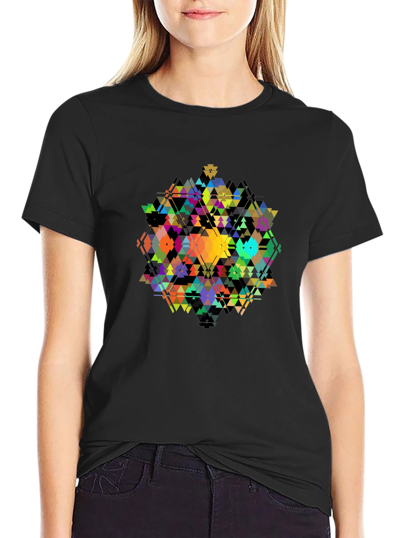Black Geometric Triangle Art T-Shirt - Modern Design view 2