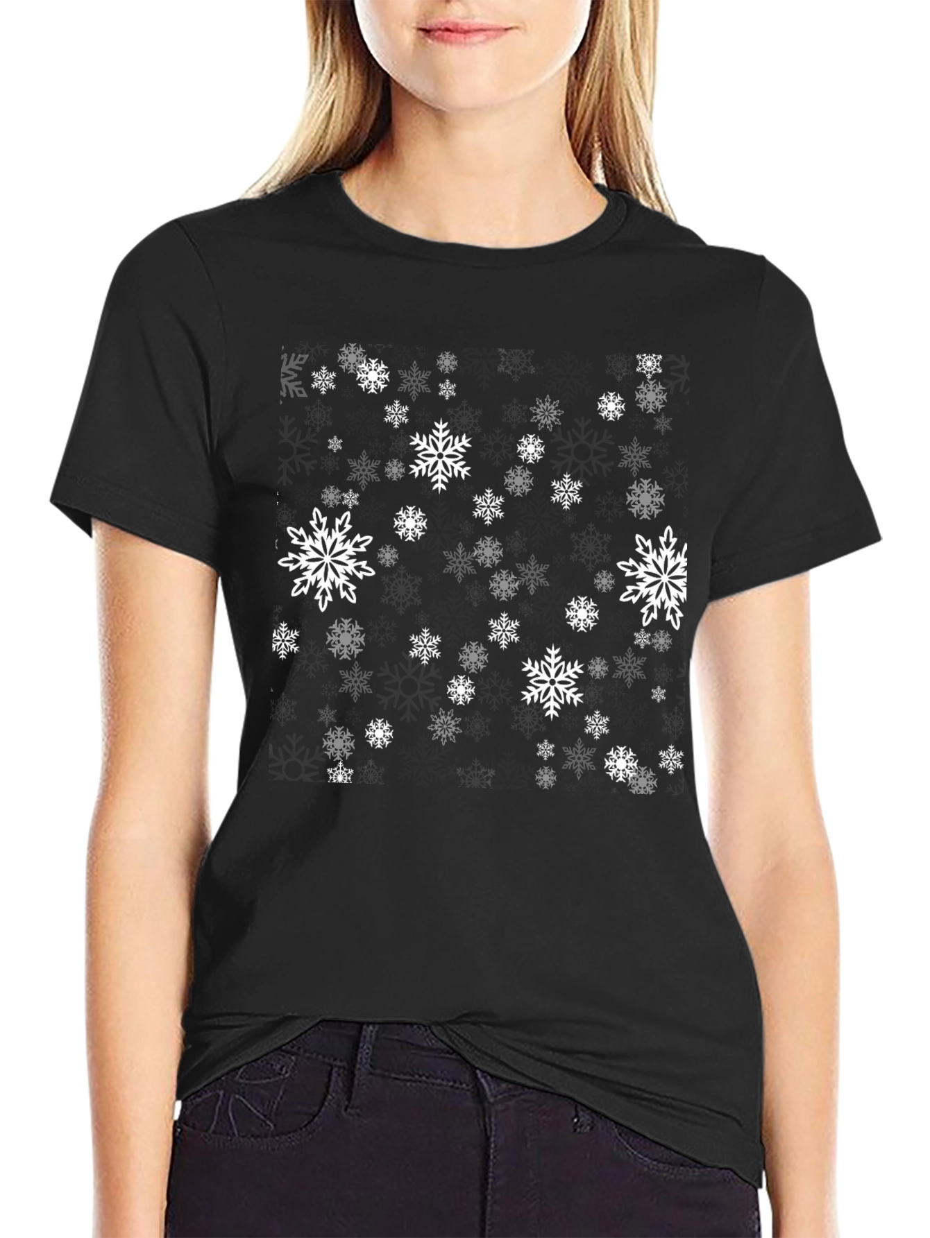 Black Snowflake Pattern Black T-Shirt view 2