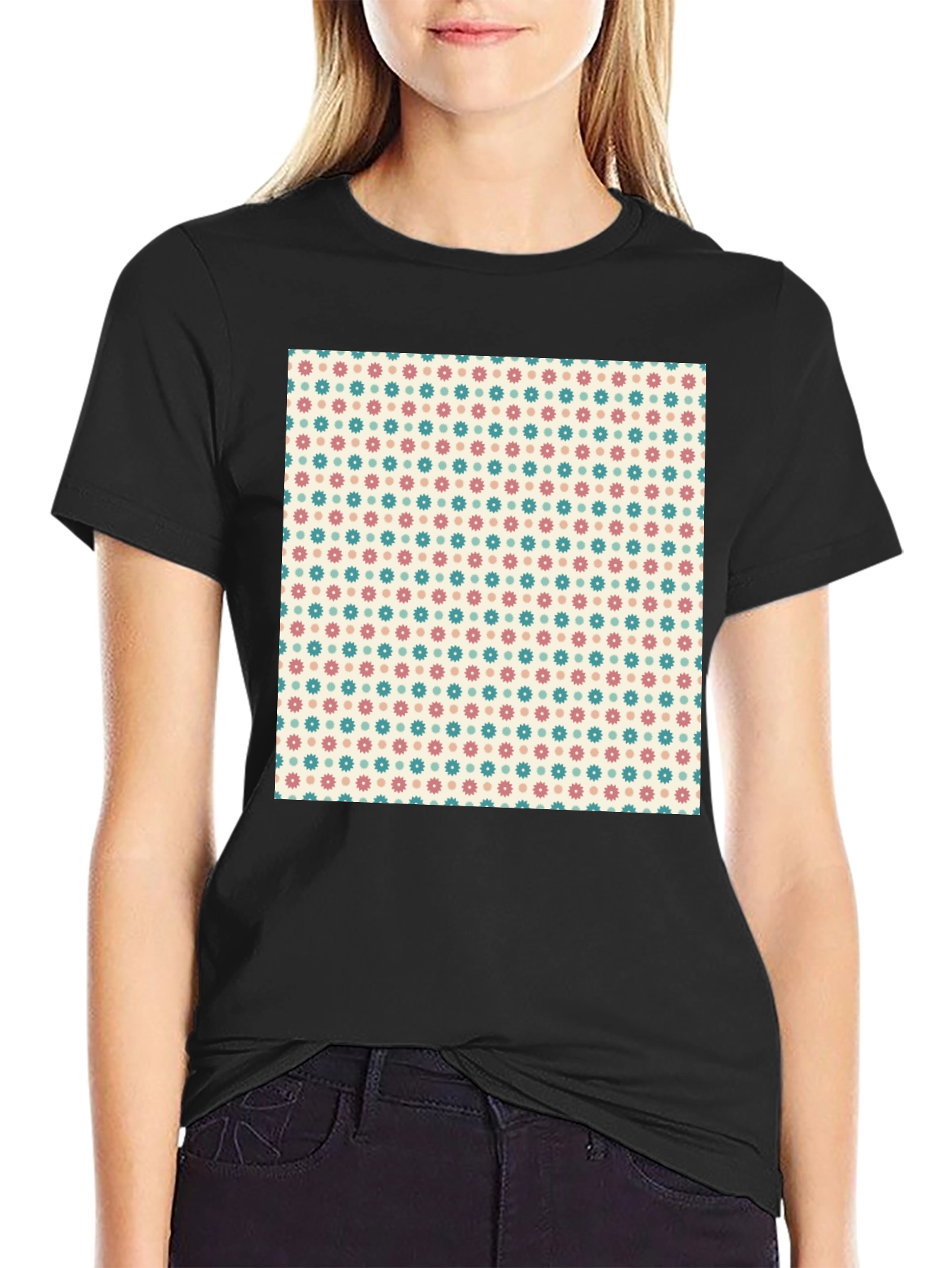 Black Retro Floral Pattern Black T-Shirt view 2