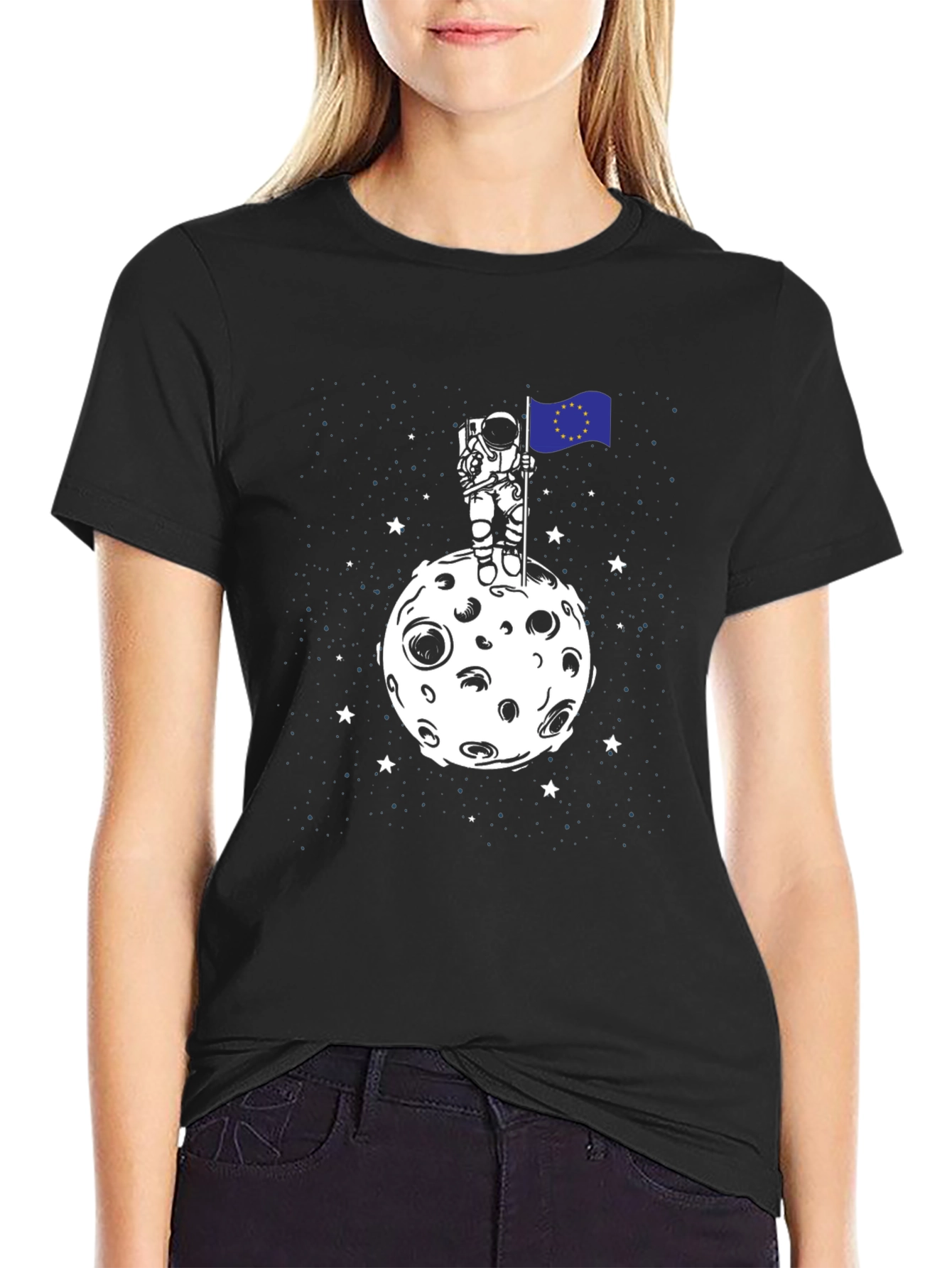 Black Astronaut EU Flag Moon T-Shirt - Space Graphic Tee view 2