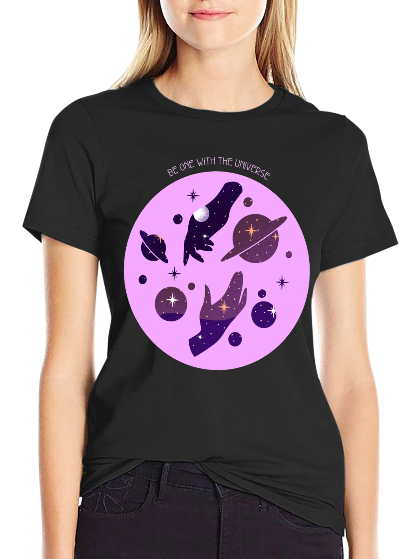 Black Cosmic Universe Graphic T-Shirt - Celestial Hands Design view 2