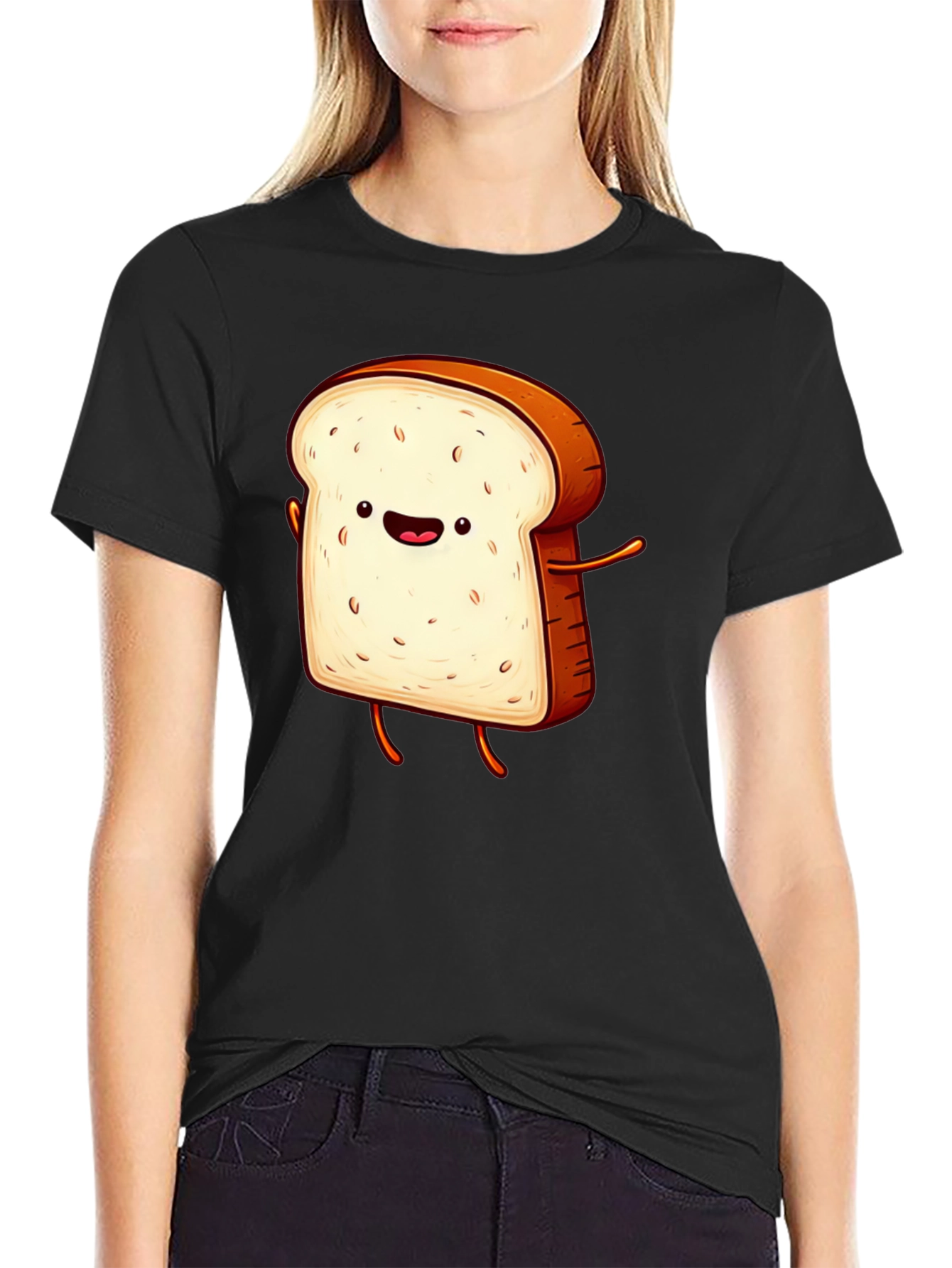 Black Funny Cartoon Toast Graphic Tee - Black T-Shirt view 2