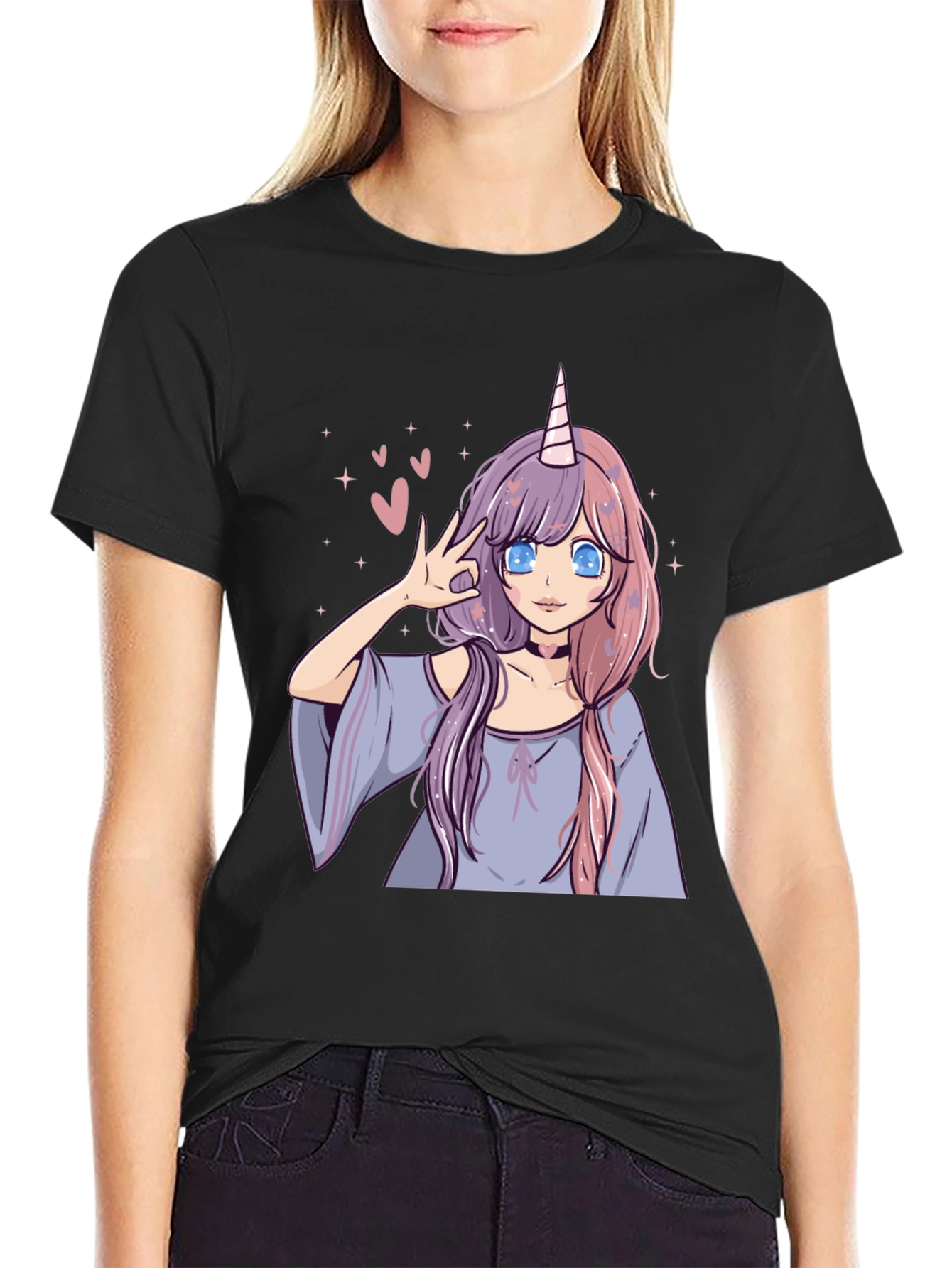 Black Anime Unicorn Girl Graphic Tee - Black Casual T-Shirt view 2