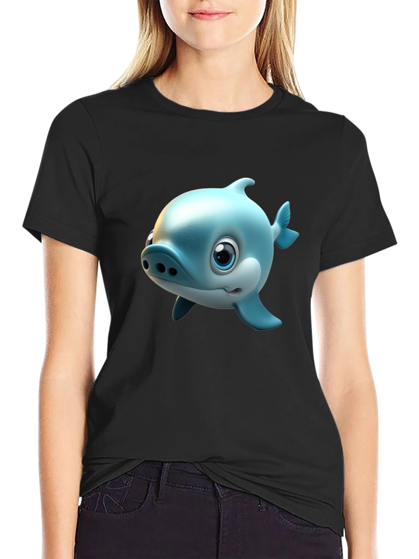Black Cute Cartoon Shark Graphic Tee - Black Cotton Blend T-Shirt view 2