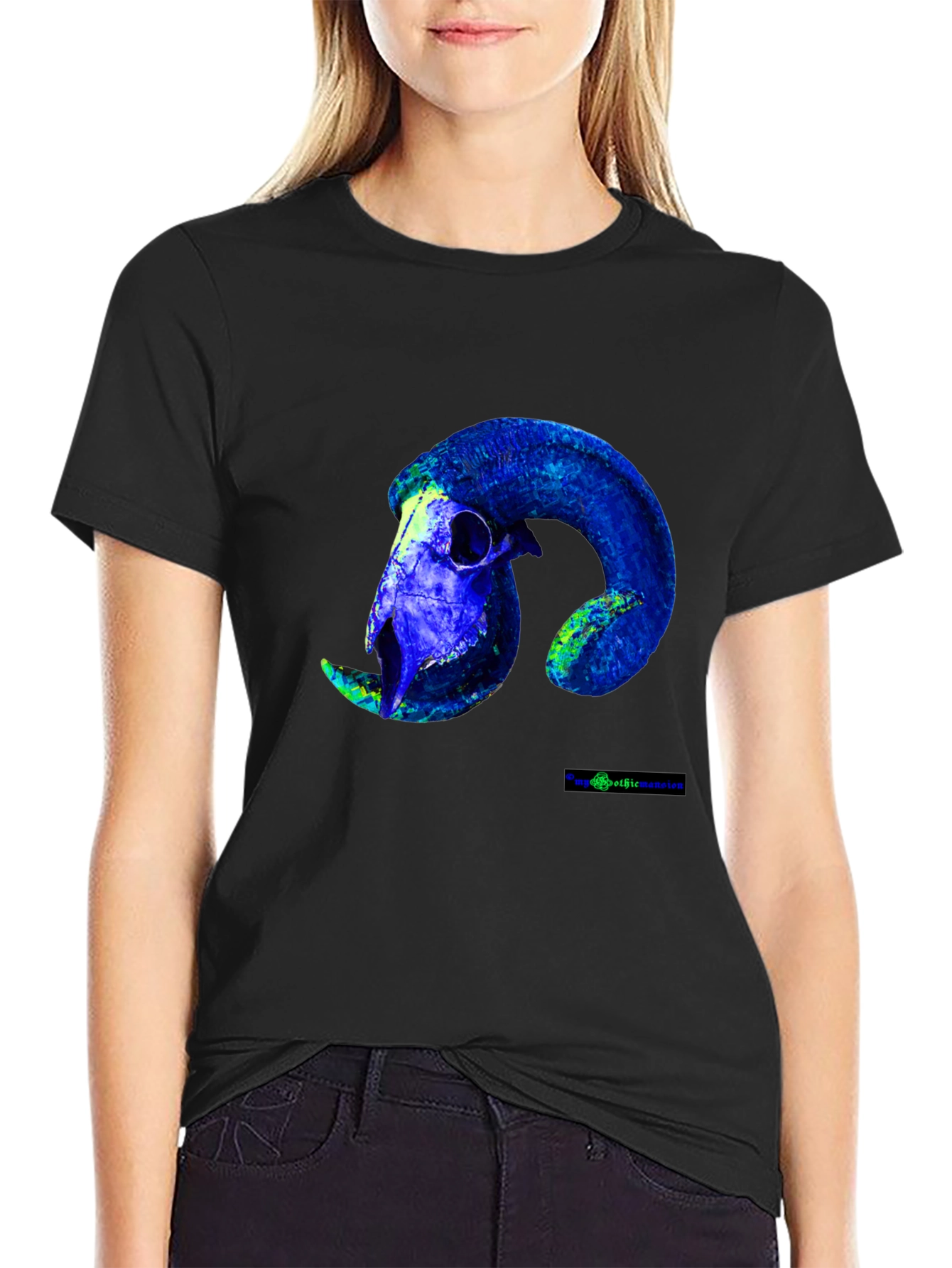 Black Ram Skull Graphic Tee - Bold Blue Design view 2