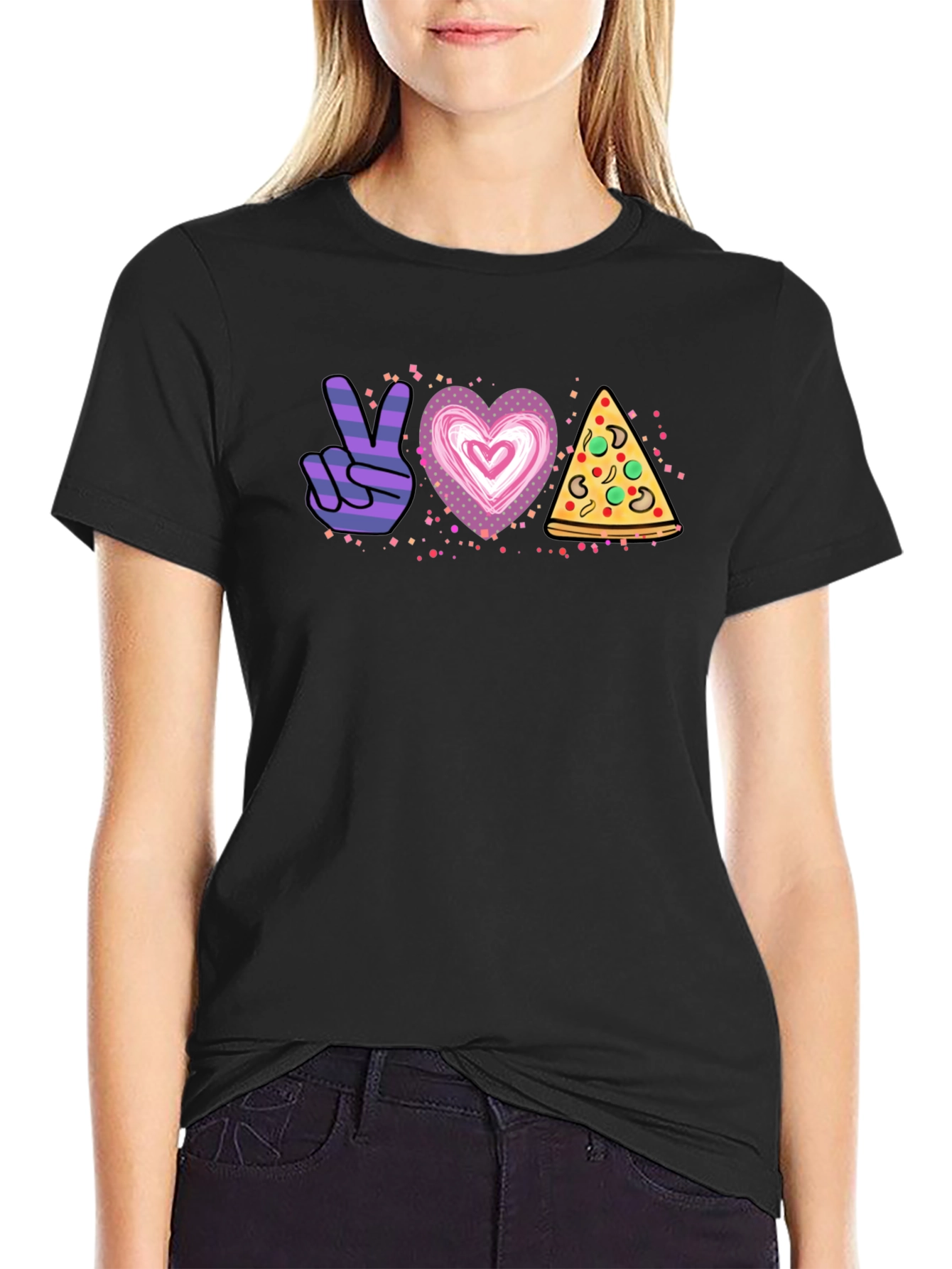 Black Peace Love Pizza Graphic T-Shirt - Unisex view 2