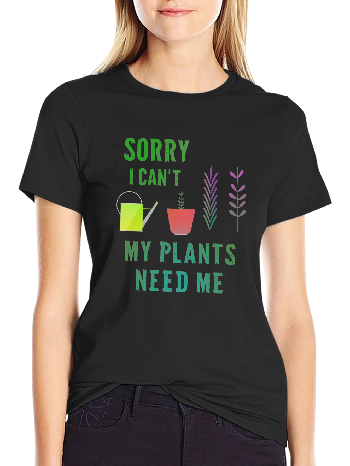 Black Sorry I Can't My Plants Need Me Black T-Shirt view 2