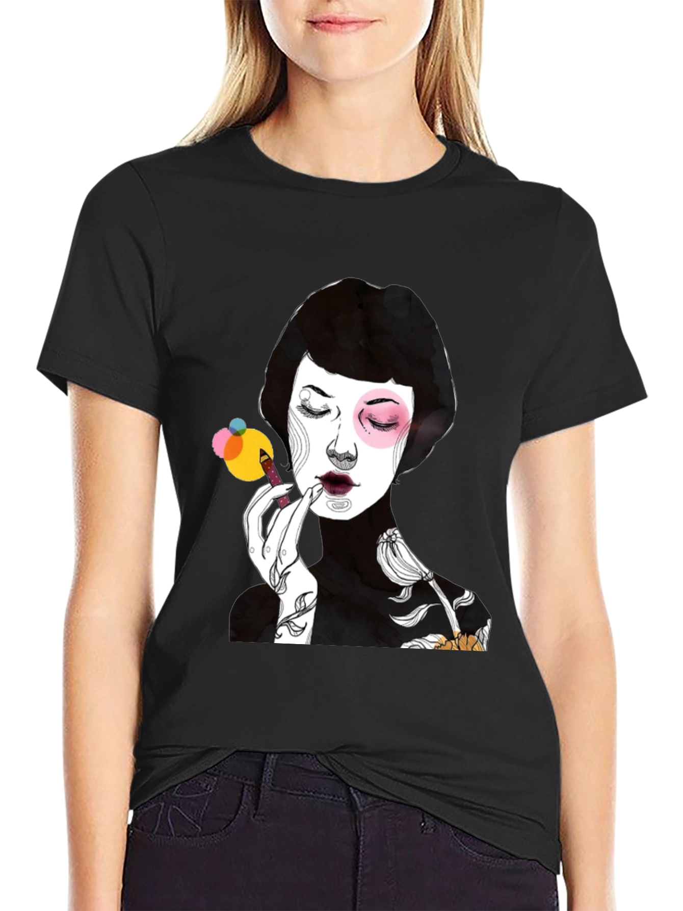 Black Graphic Print Black T-Shirt - Woman Applying Makeup view 2