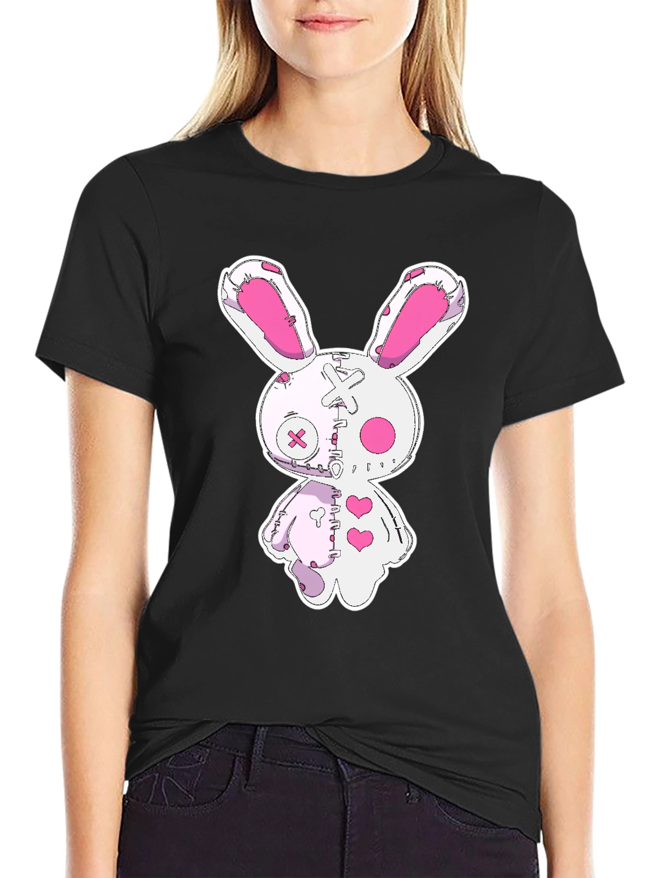 Black Creepy Cute Bunny Graphic Tee - Black Cotton view 2