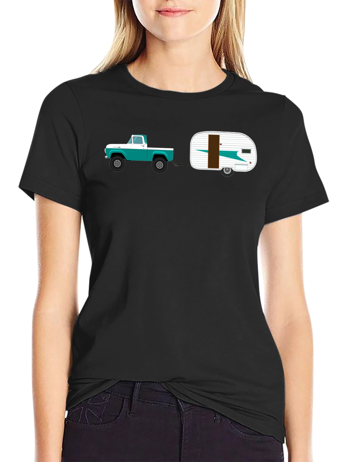 Black Vintage Truck & Camper Black T-Shirt view 2