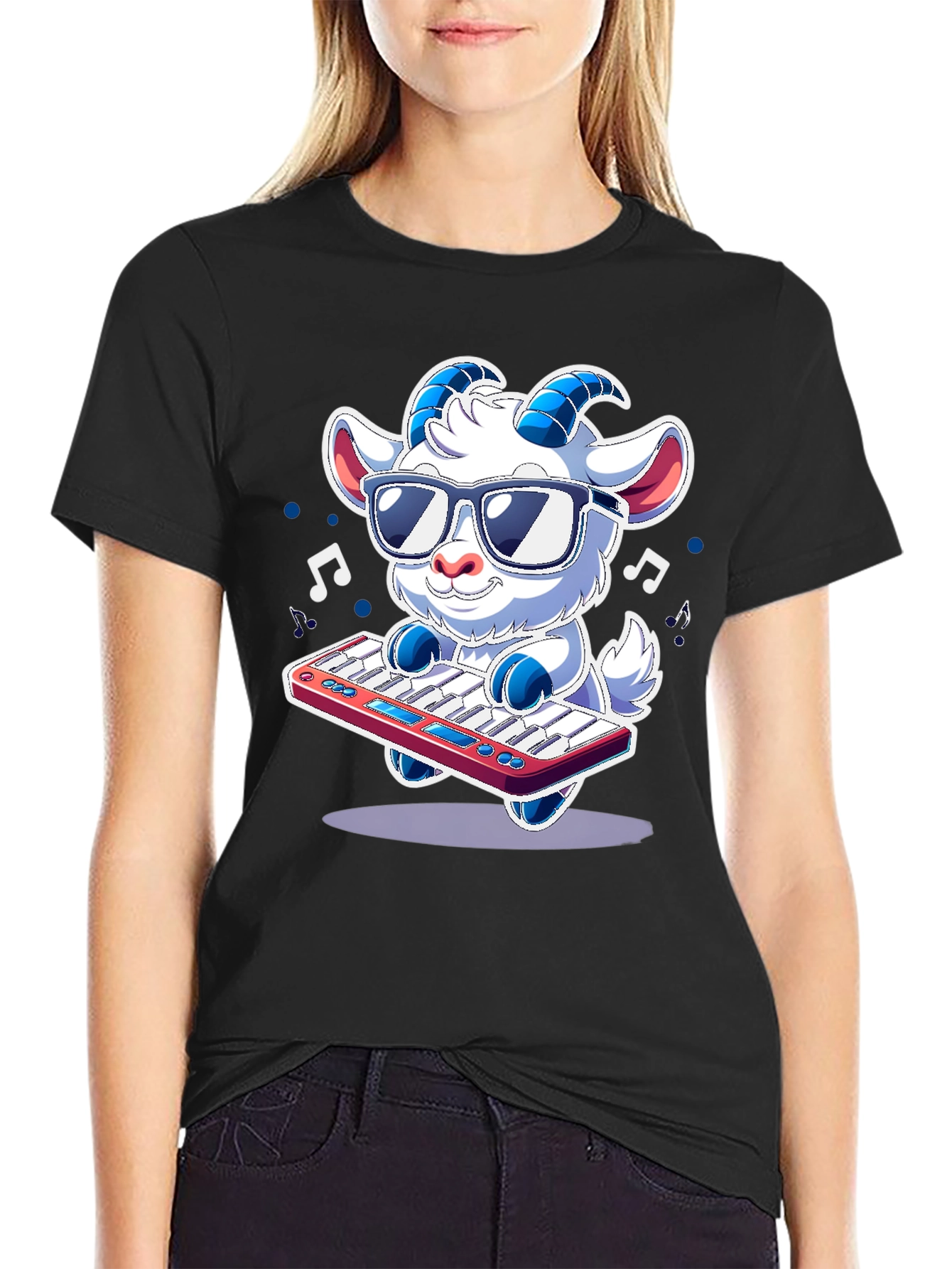 Black Cool Goat Keyboardist T-Shirt - Music Lover Tee view 2