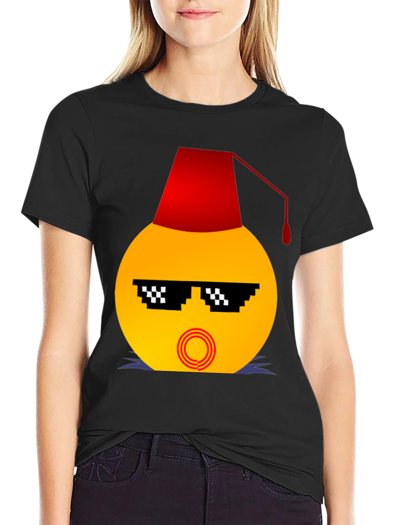 Black Emoji Wearing a Fez Funny T-Shirt view 2