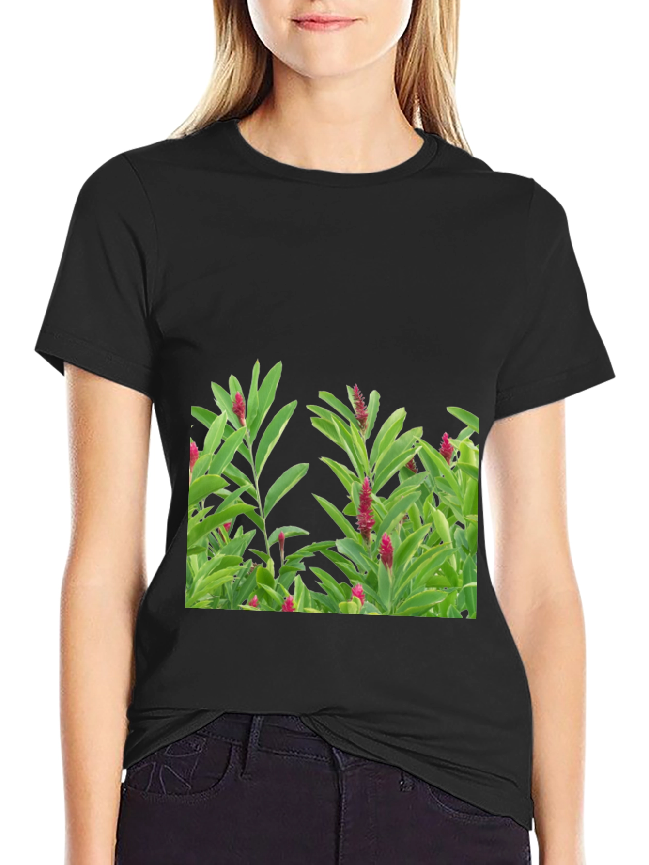 Black Tropical Plant Graphic Tee - Black Cotton Shirt view 2