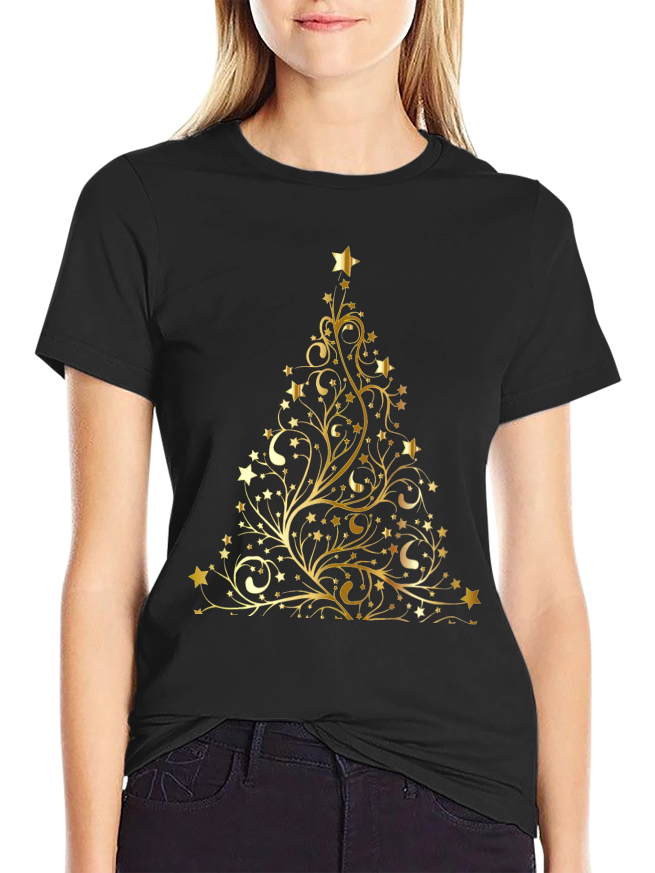 Black Festive Gold Christmas Tree Black T-Shirt view 2