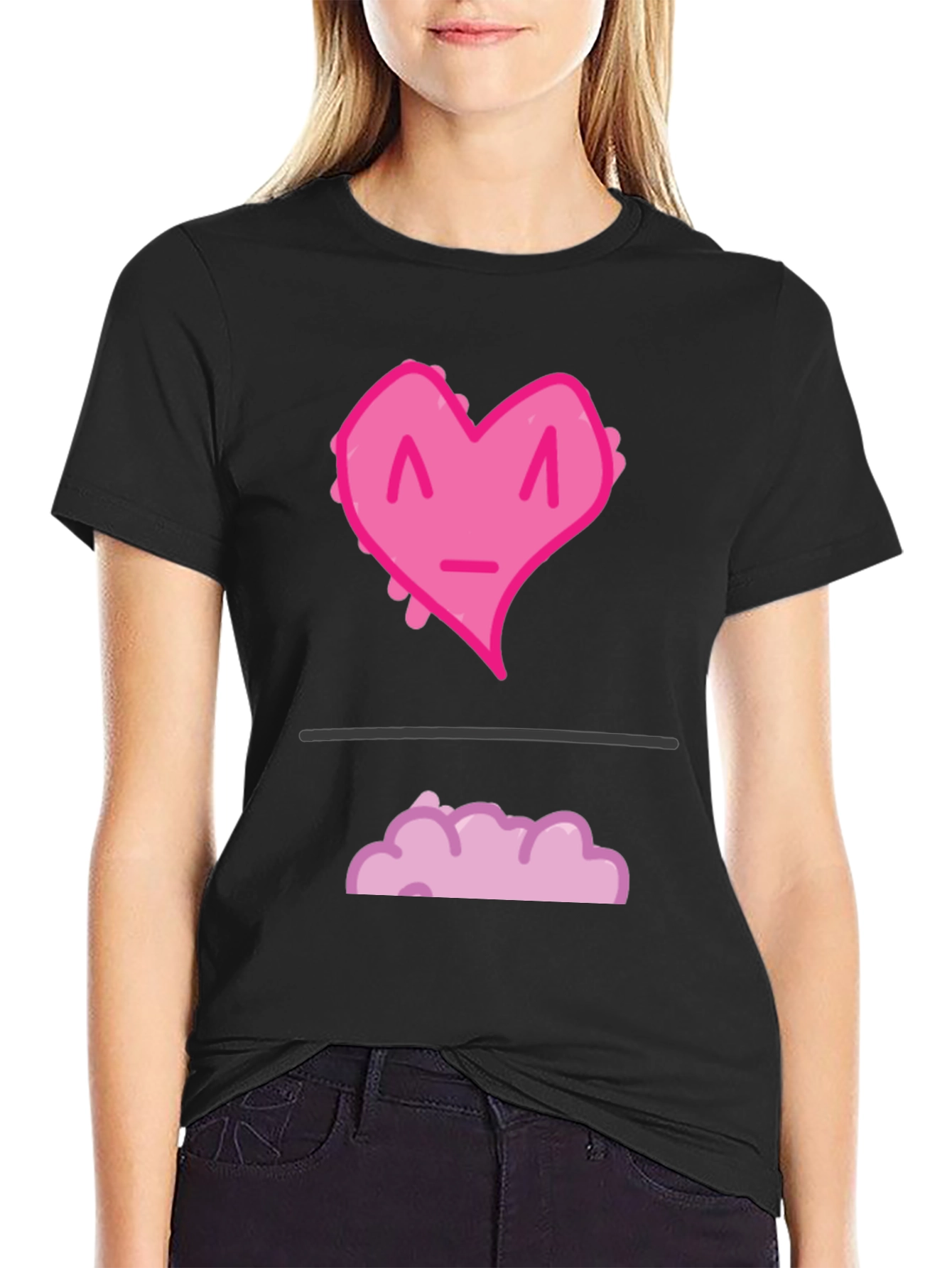 Black Funny Pink Heart Graphic T-Shirt - Black Casual Tee view 2