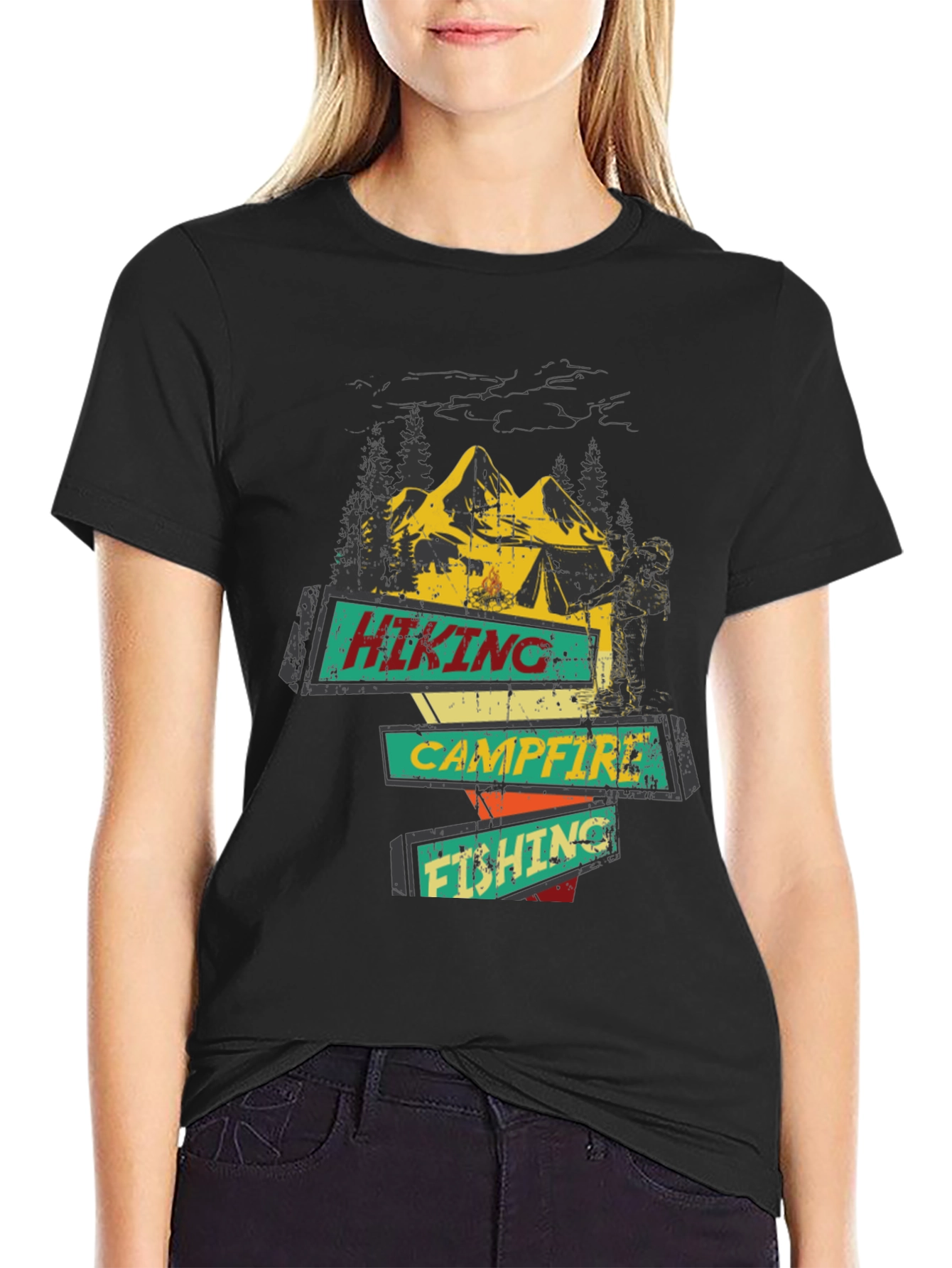 Black Hiking Campfire Fishing Graphic Tee view 2