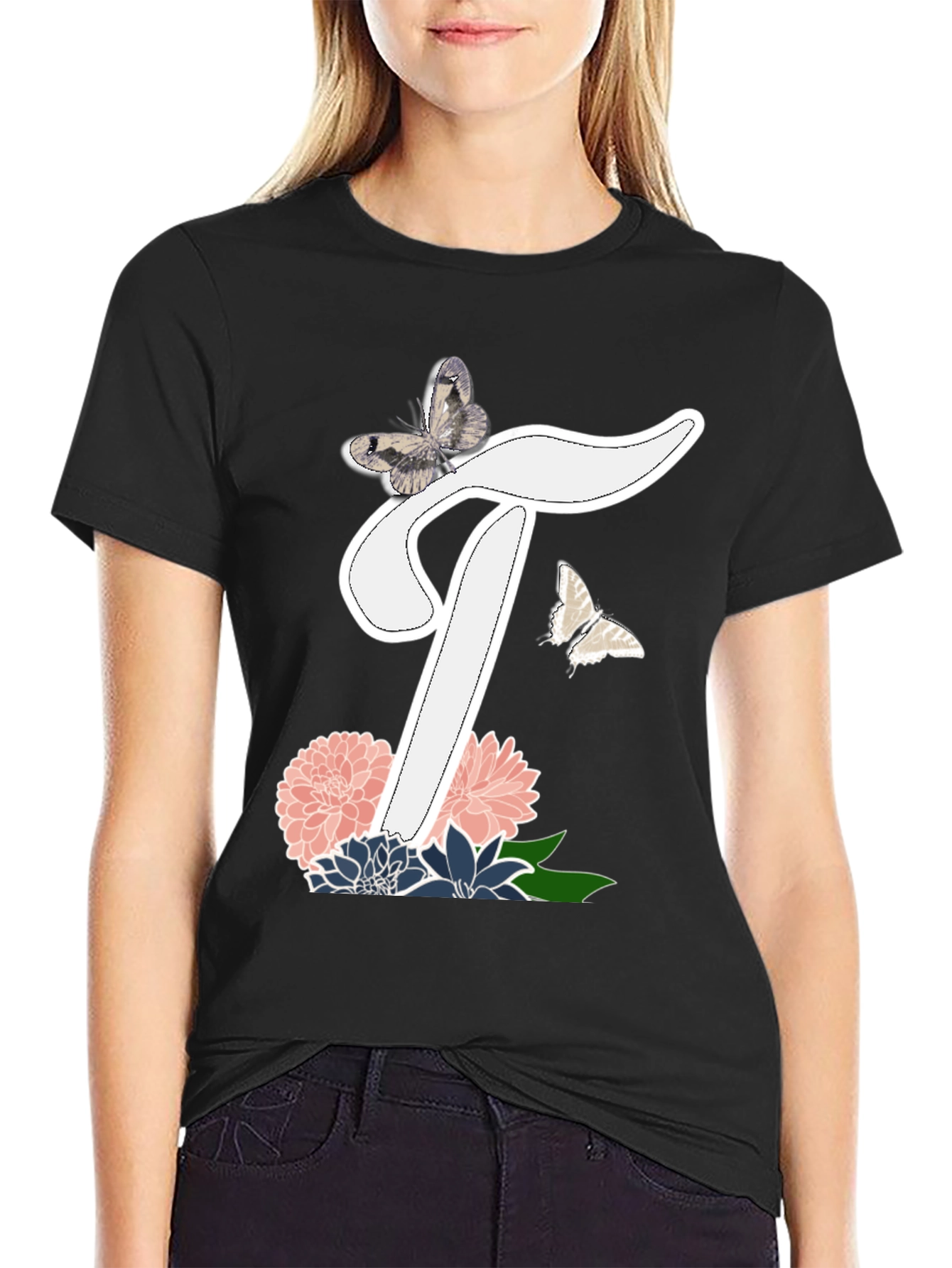Black Butterfly Letter T Floral T-Shirt view 2