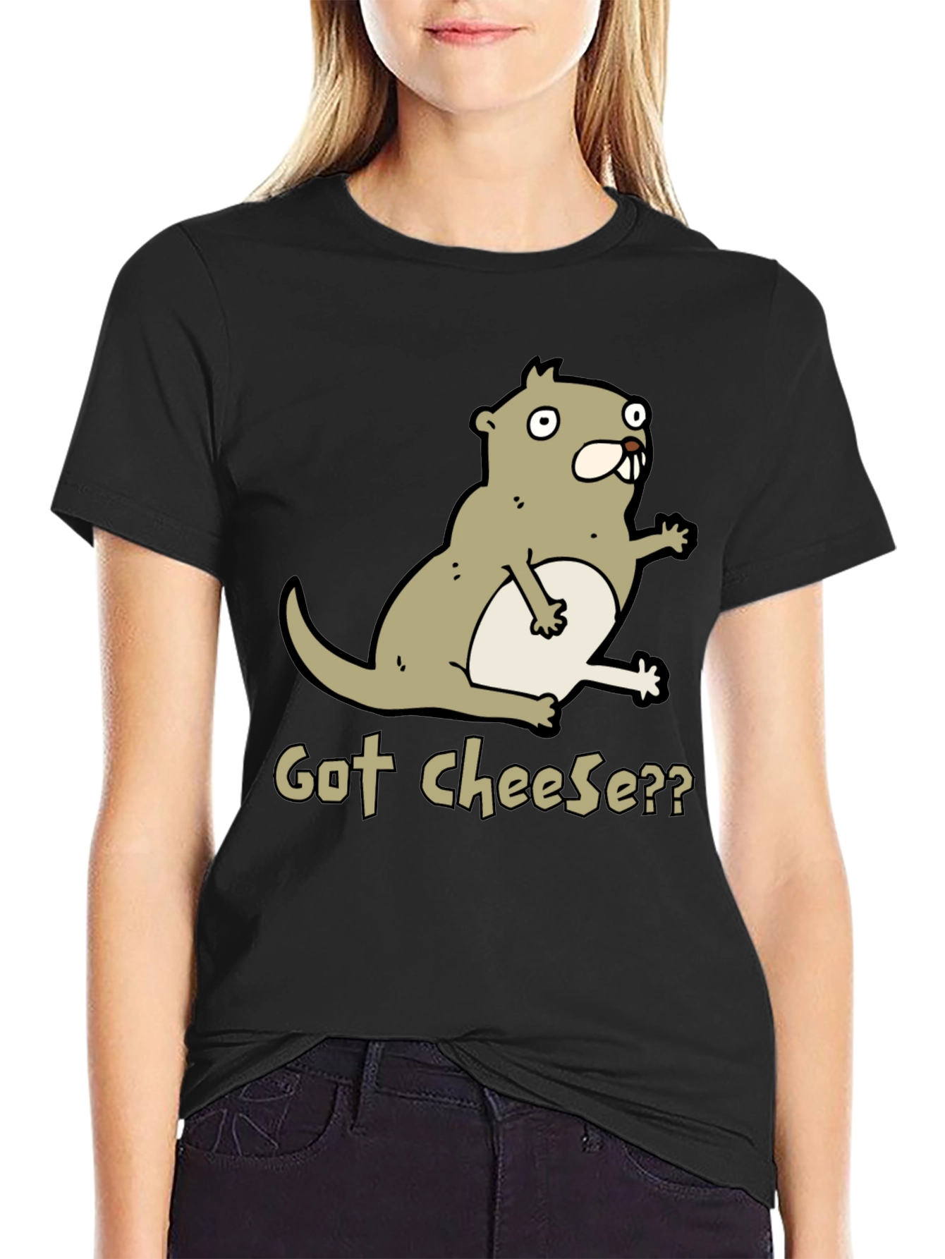 Black Got Cheese? Cartoon Beaver T-Shirt - Black view 2