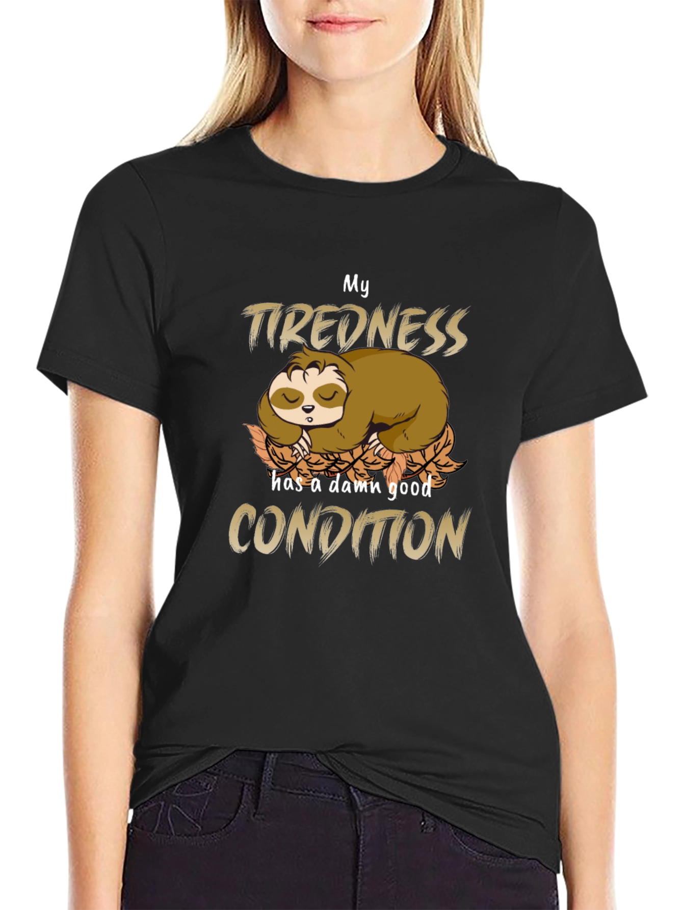 Black Funny Sloth Tiredness T-Shirt view 2