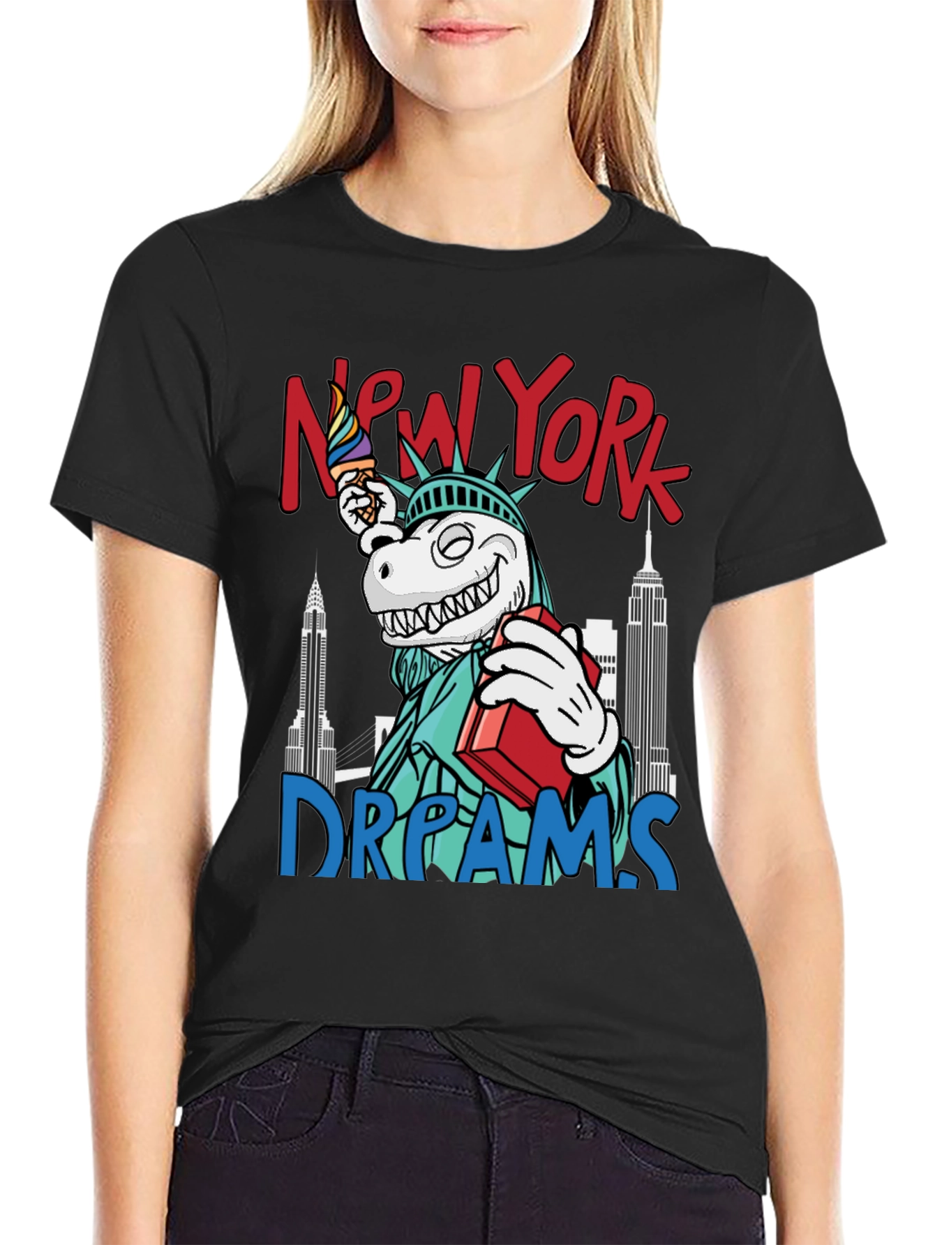 Black New York Dreams T-Shirt: Dinosaur Liberty Funny Tee view 2