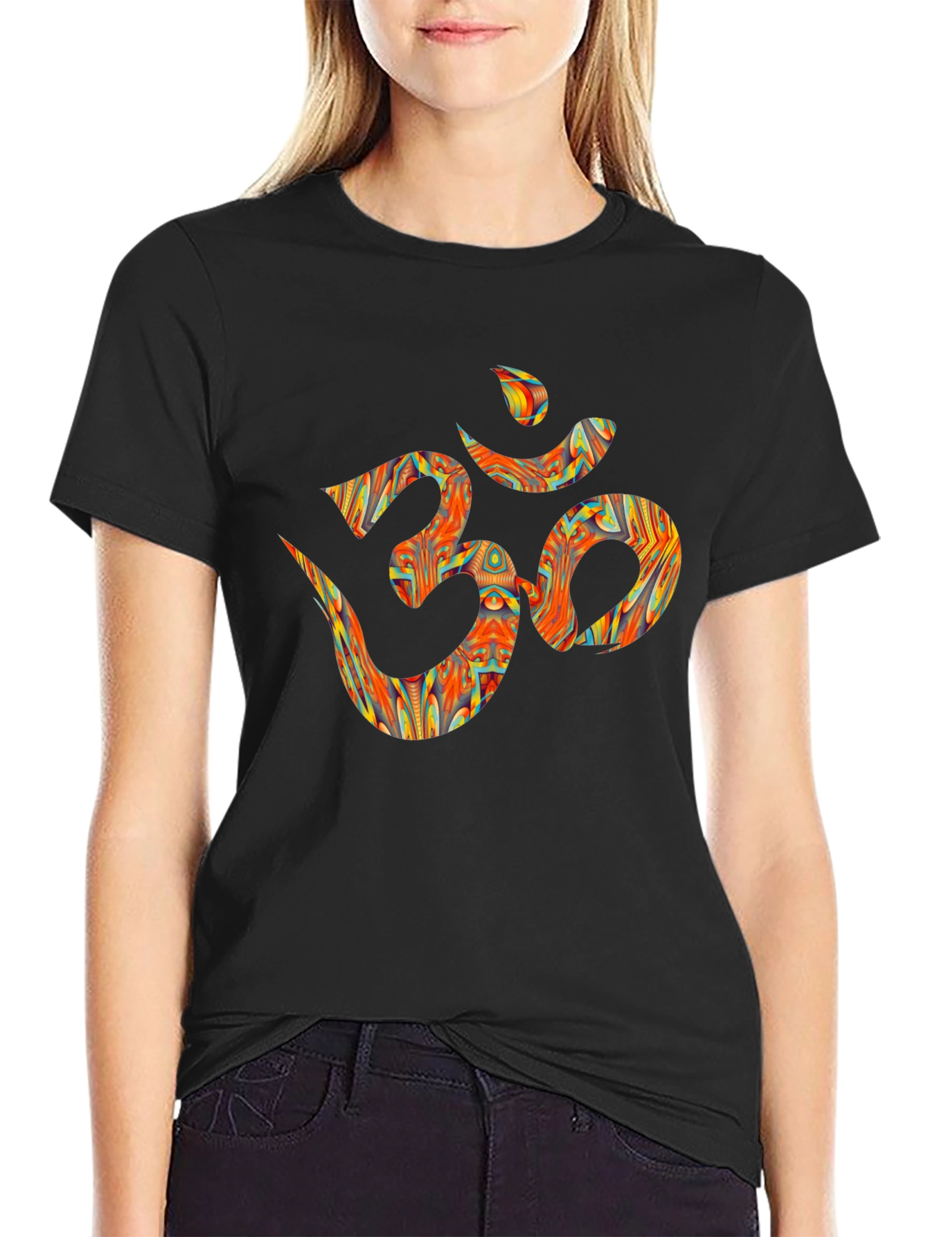 Black Om Design Graphic Tee - Black Cotton T-Shirt view 2