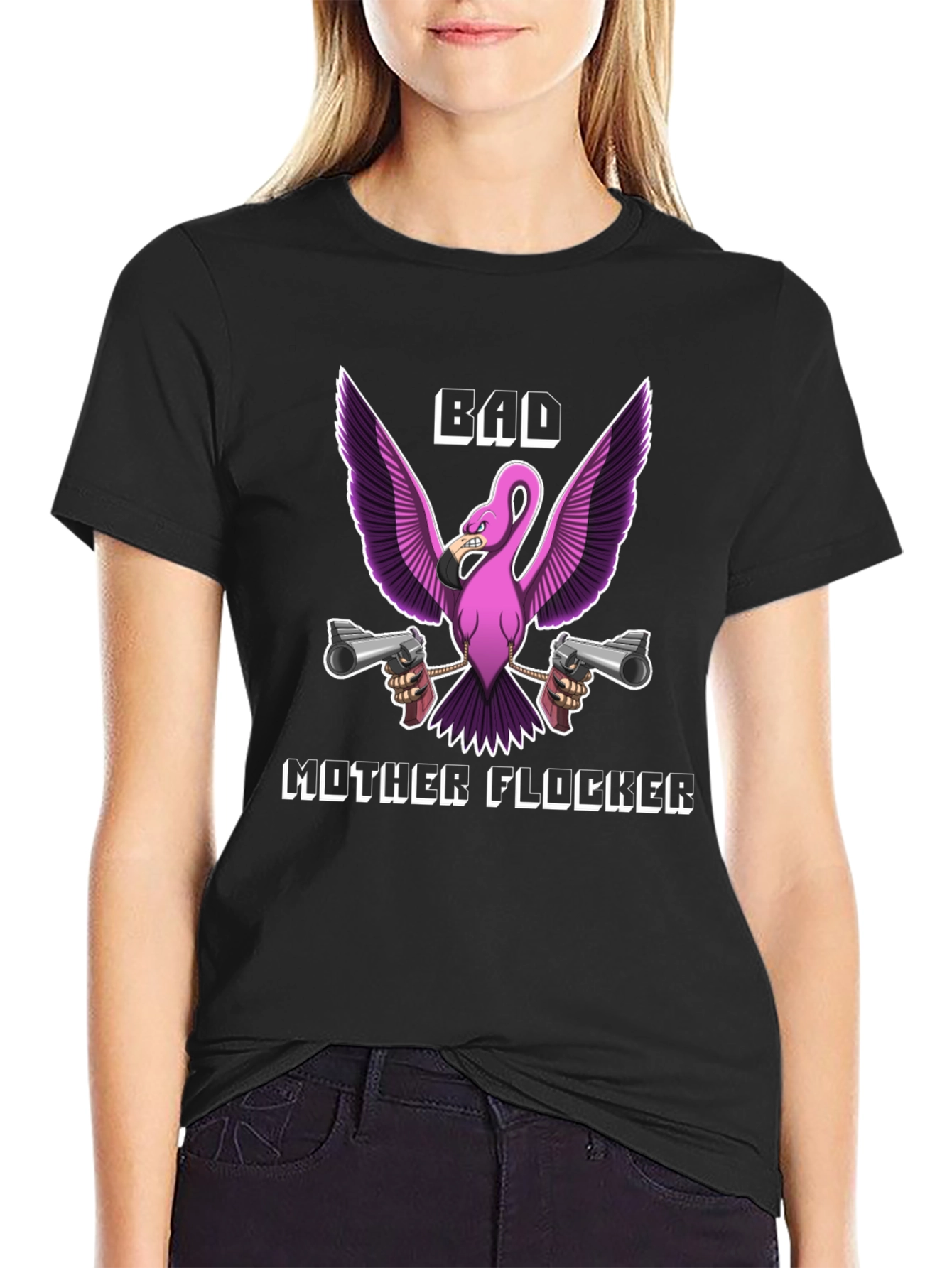 Black Bad Mother Flocker Graphic Tee - Funny Flamingo T-Shirt view 2