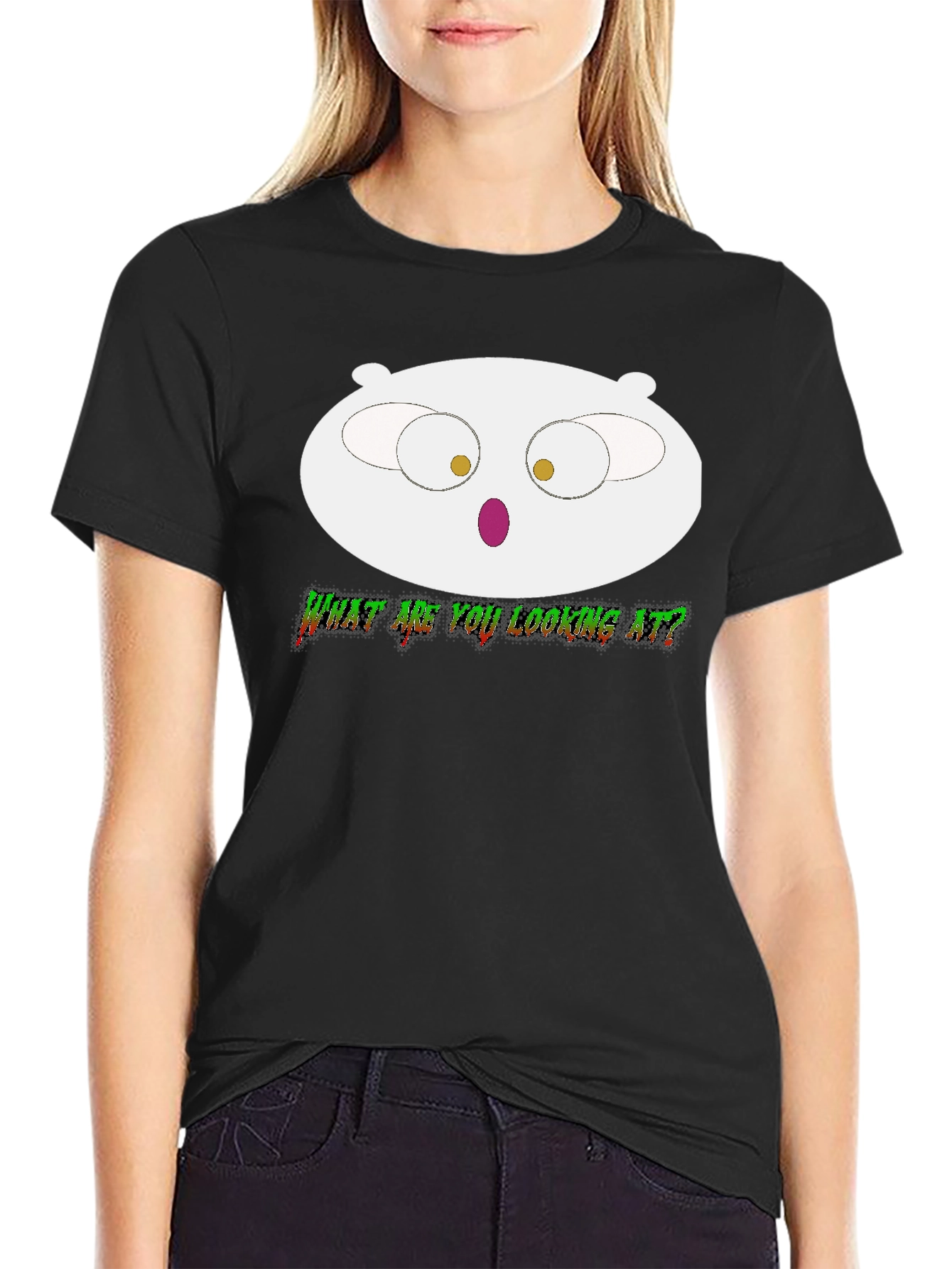 Black Stewie Griffin Inspired "What Are You Looking At" Black T-Shirt view 2