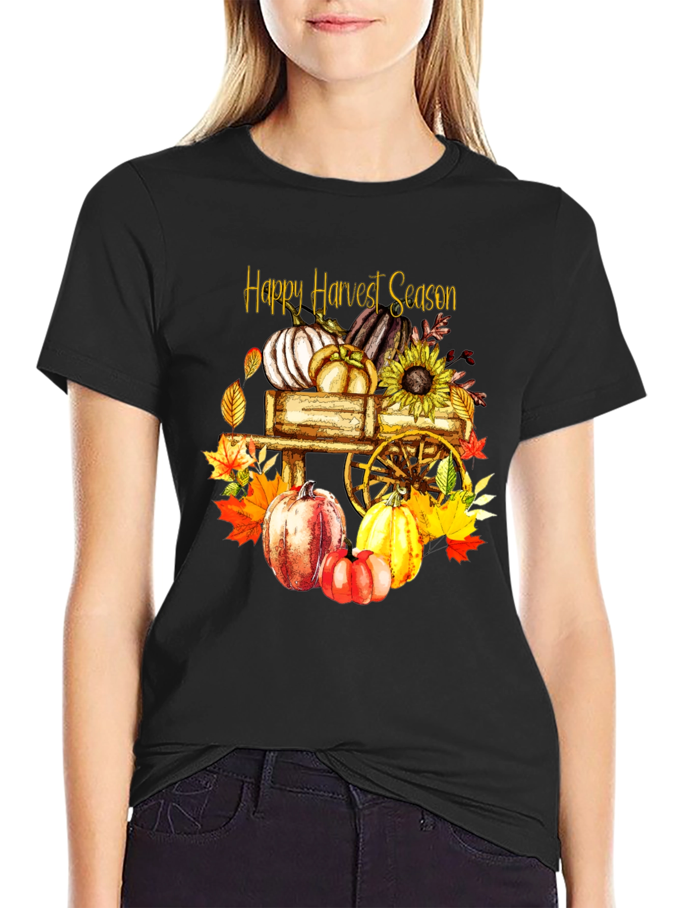 Black Happy Harvest Season Black Graphic T-Shirt view 2