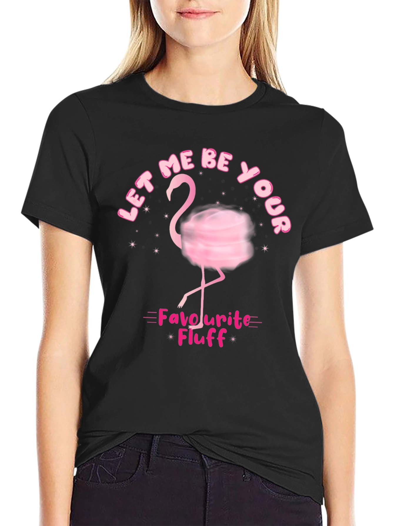 Black Whimsical Flamingo T-Shirt: Let Me Be Your Fluff! view 2