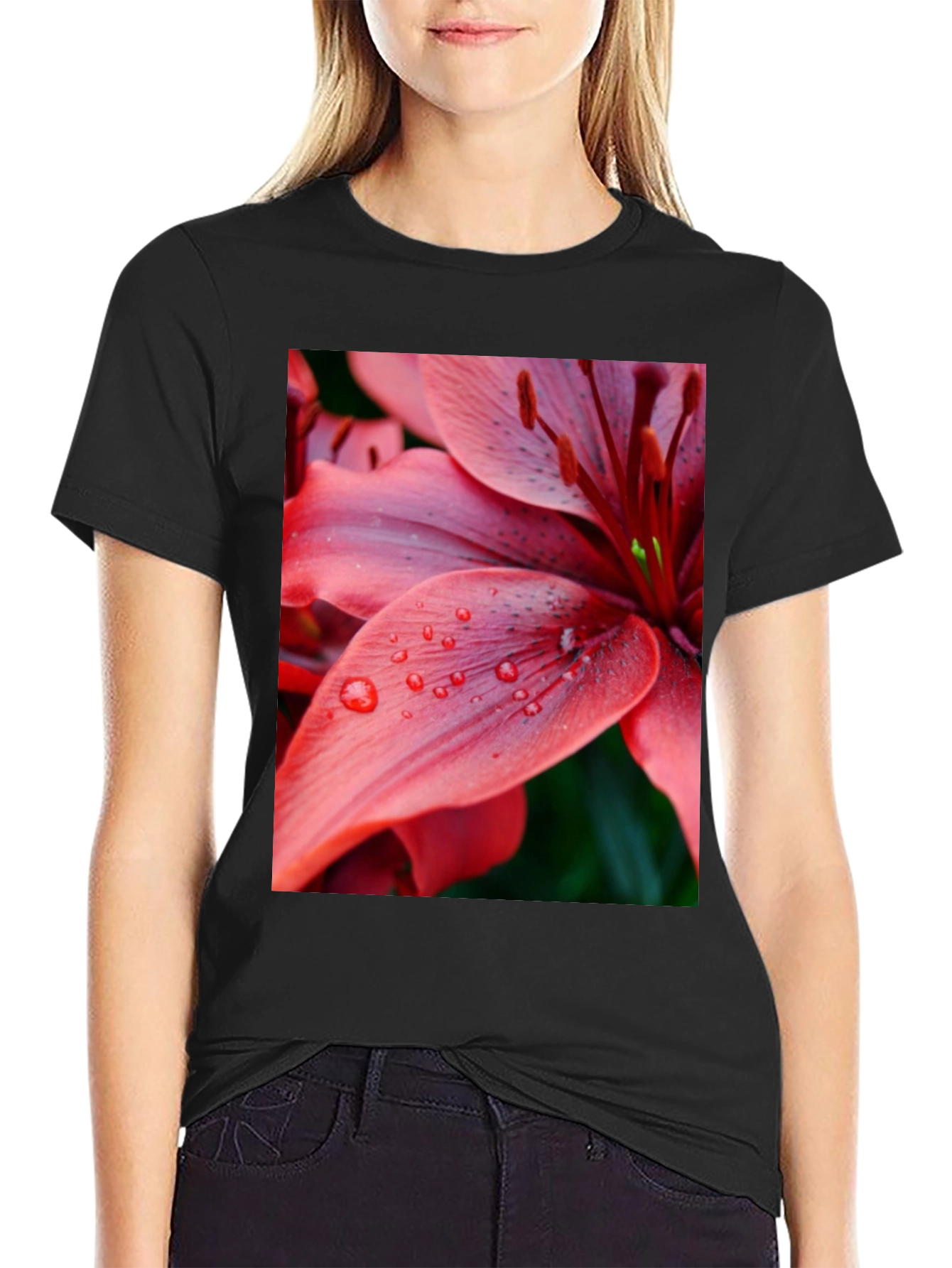 Black Floral Print T-Shirt - Red Lily Design view 2