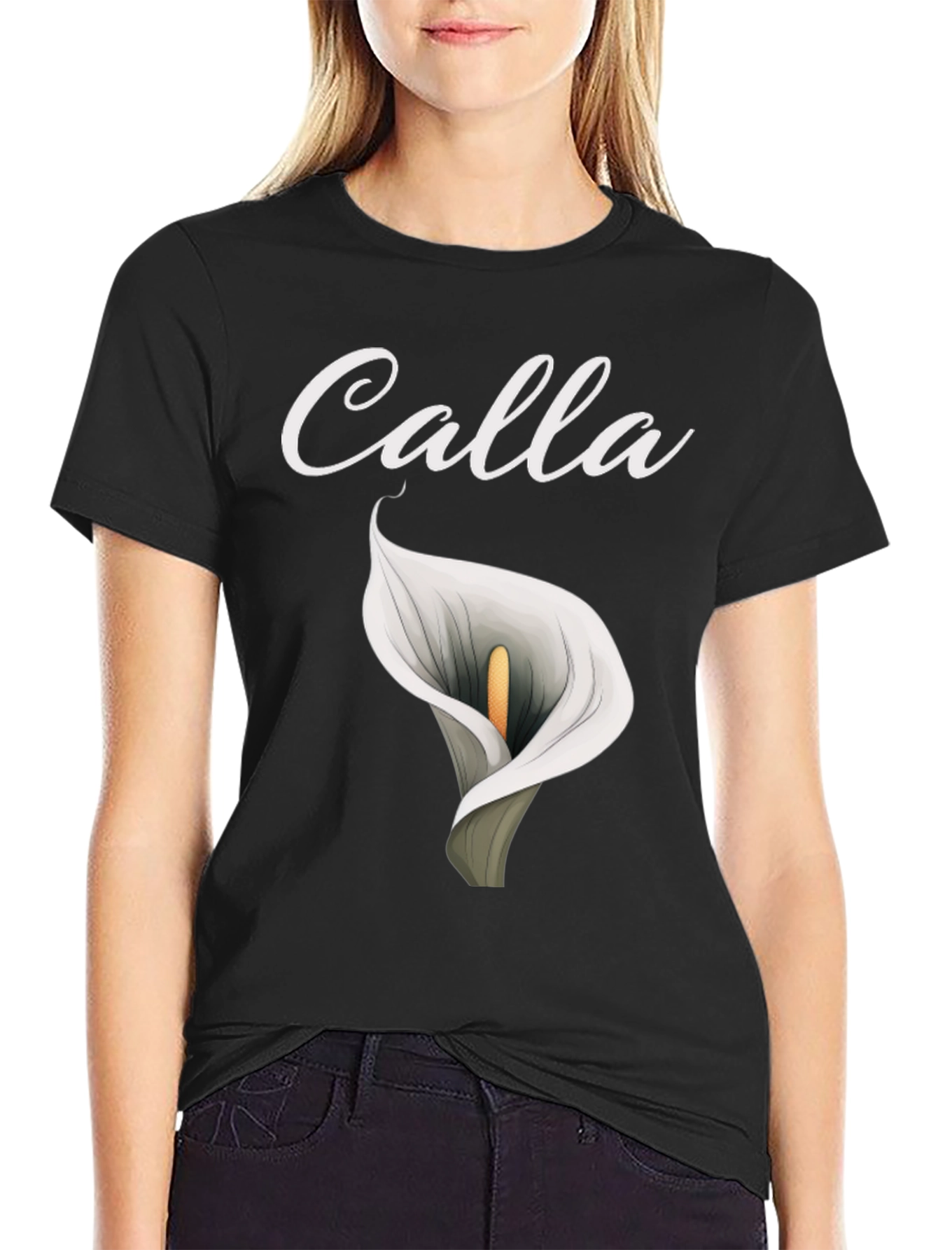 Black Calla Lily Graphic T-Shirt - Elegant Floral Design view 2