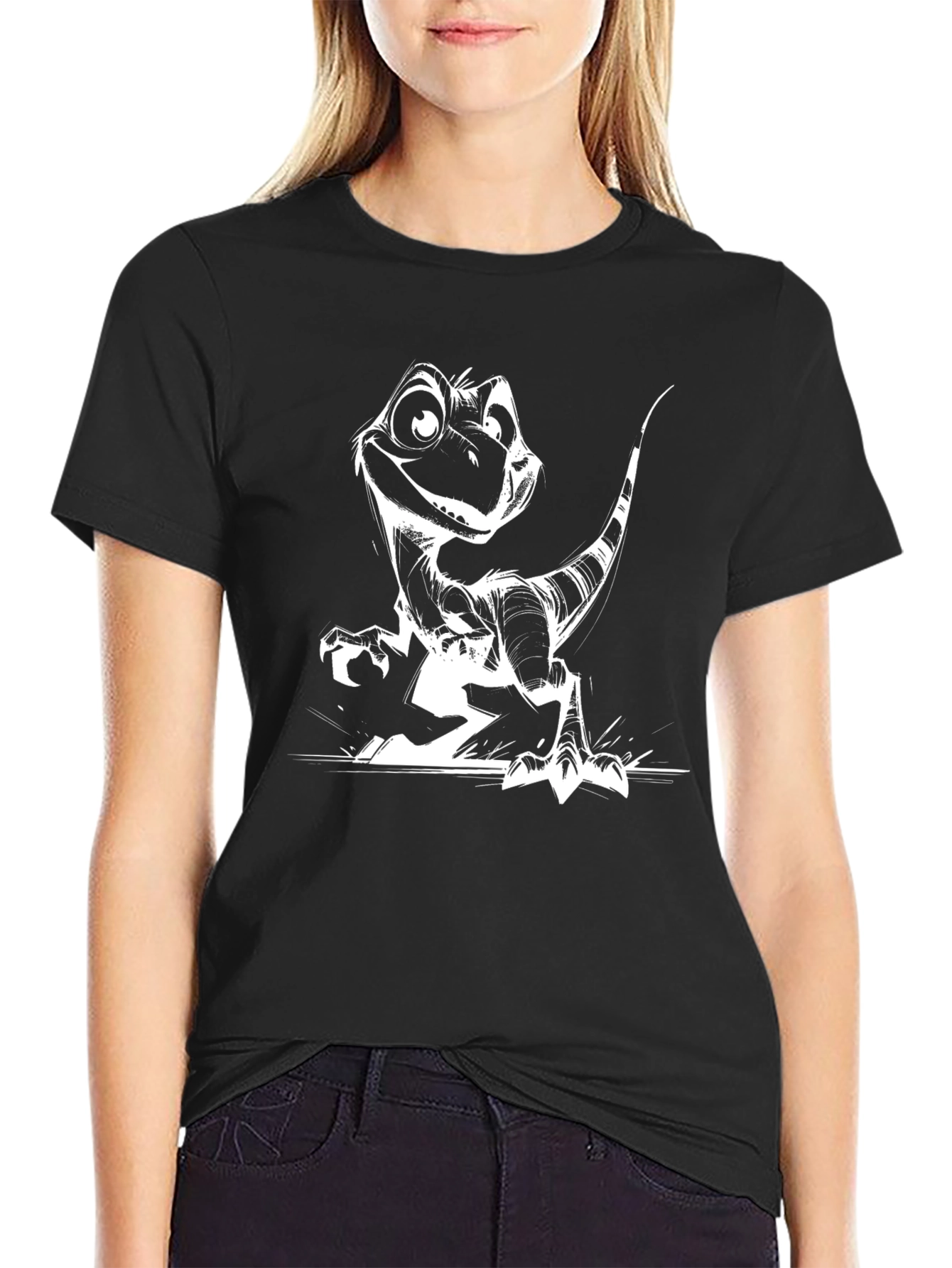 Black Dino Cartoon Graphic Tee - Black Casual T-Shirt view 2