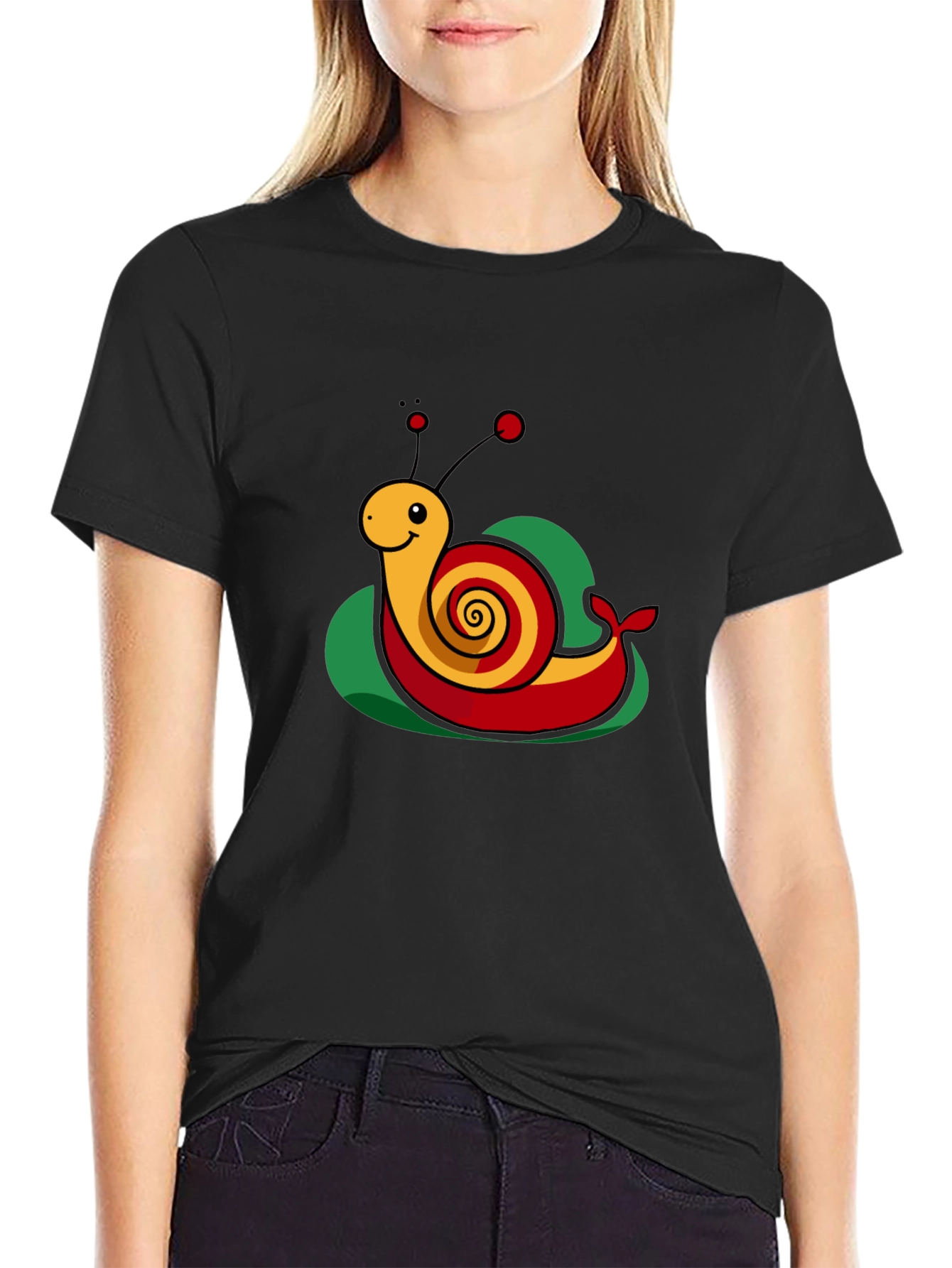 Black Snail Cartoon Graphic Tee - Black Cotton Casual Shirt view 2