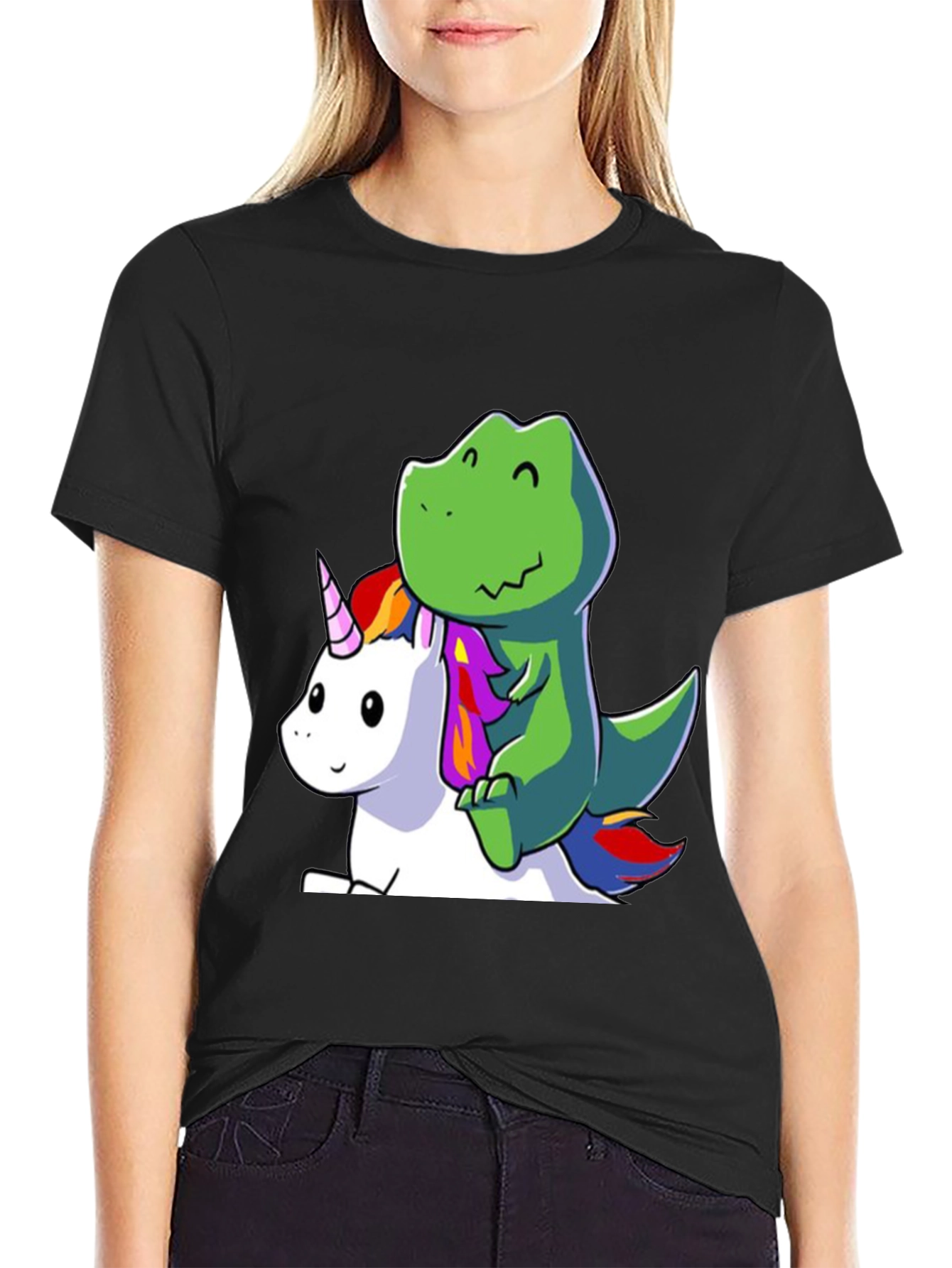 Black Dino Riding Unicorn T-Shirt - Cute Cartoon Design view 2