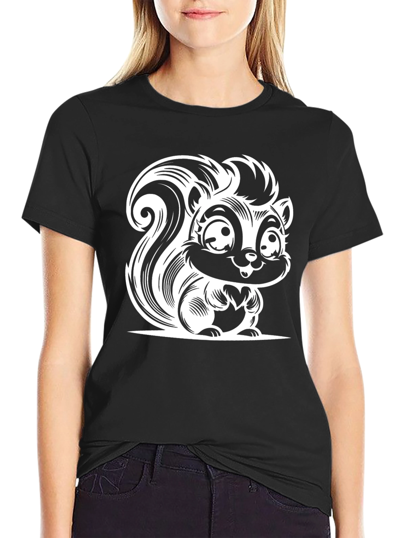 Black Cartoon Skunk Graphic Tee - Black Cotton T-Shirt view 2