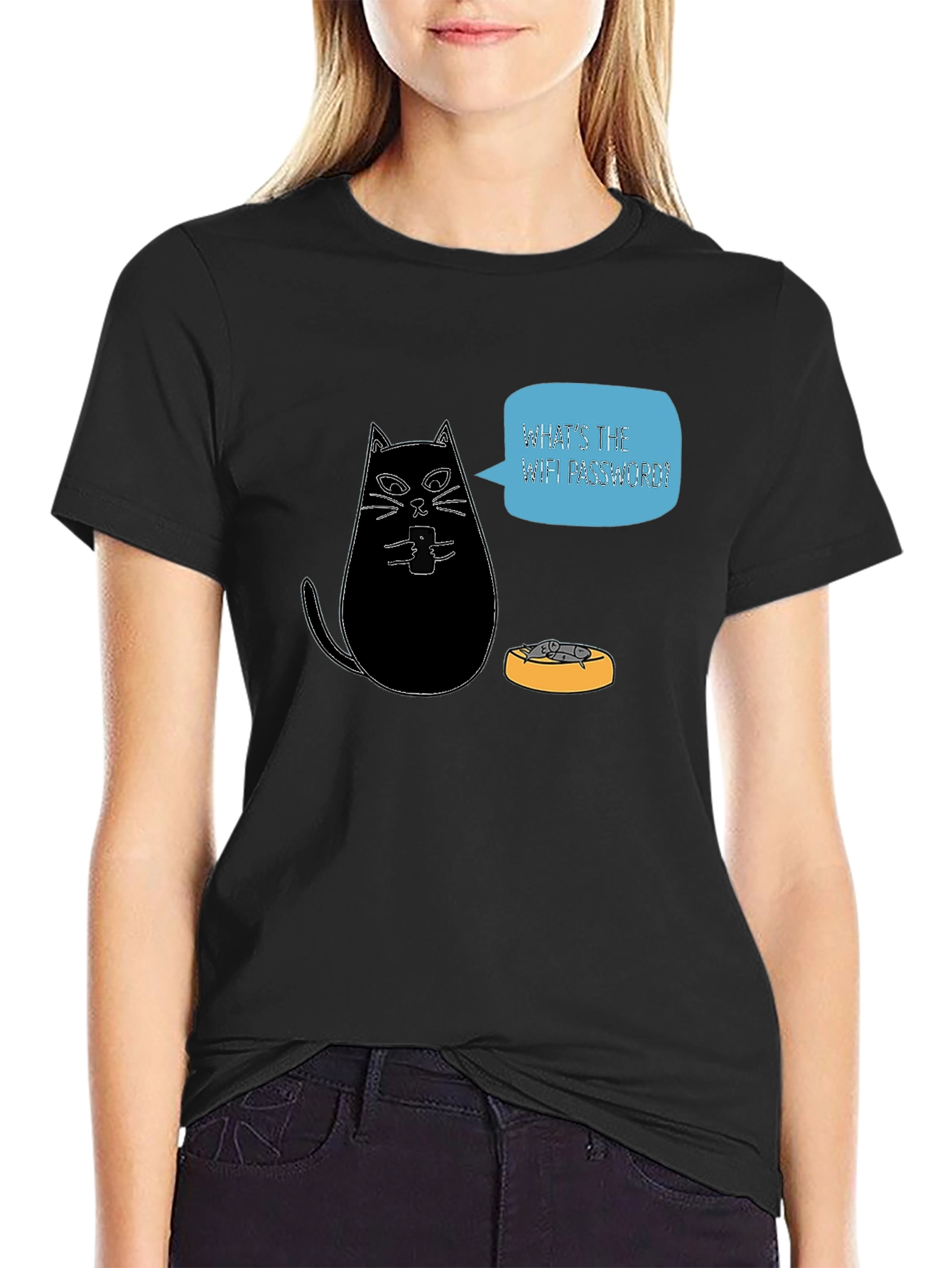 Black Funny Cat Wants WiFi Password Black T-Shirt view 2