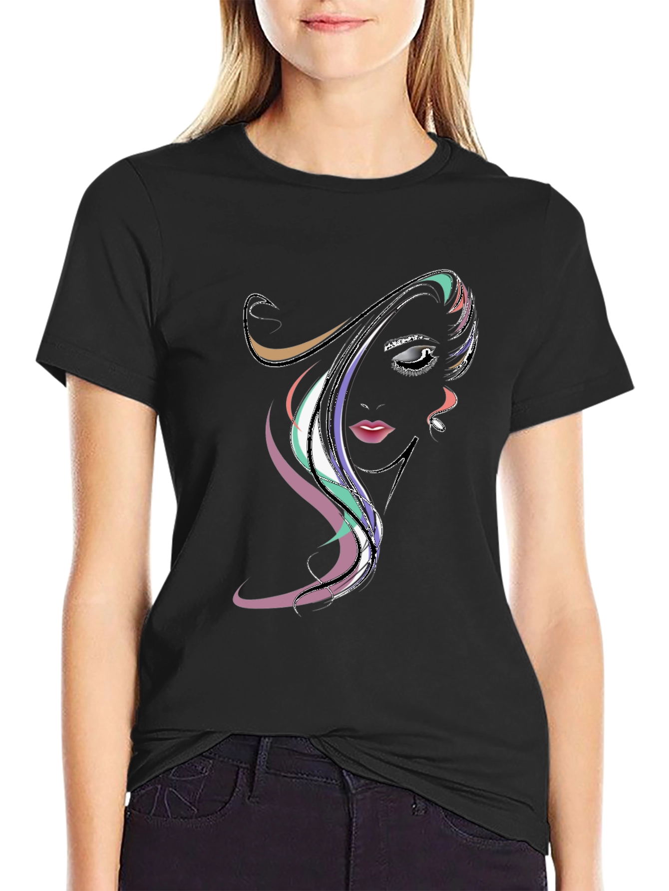 Black Abstract Woman Face Graphic Black Tee view 2