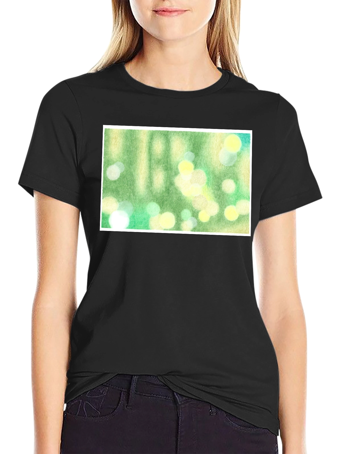 Black Green Bokeh Art Black T-Shirt view 2