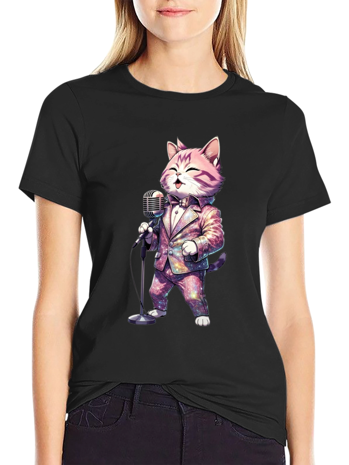 Black Singing Cat T-Shirt - Galaxy Suit view 2