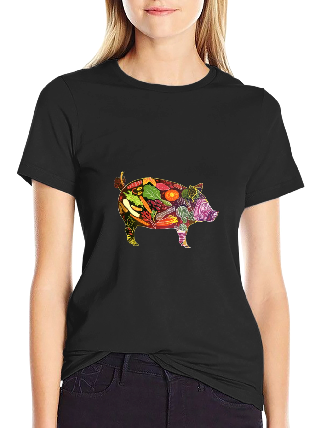 Black Veggie Pig Graphic Tee - Black Unisex Shirt view 2