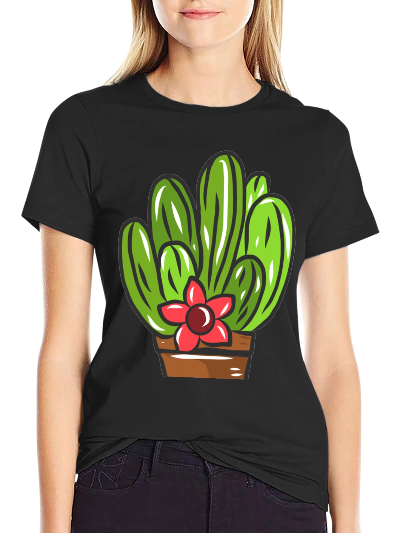 Black Cactus Flower Graphic T-Shirt - Black Cotton Tee view 2