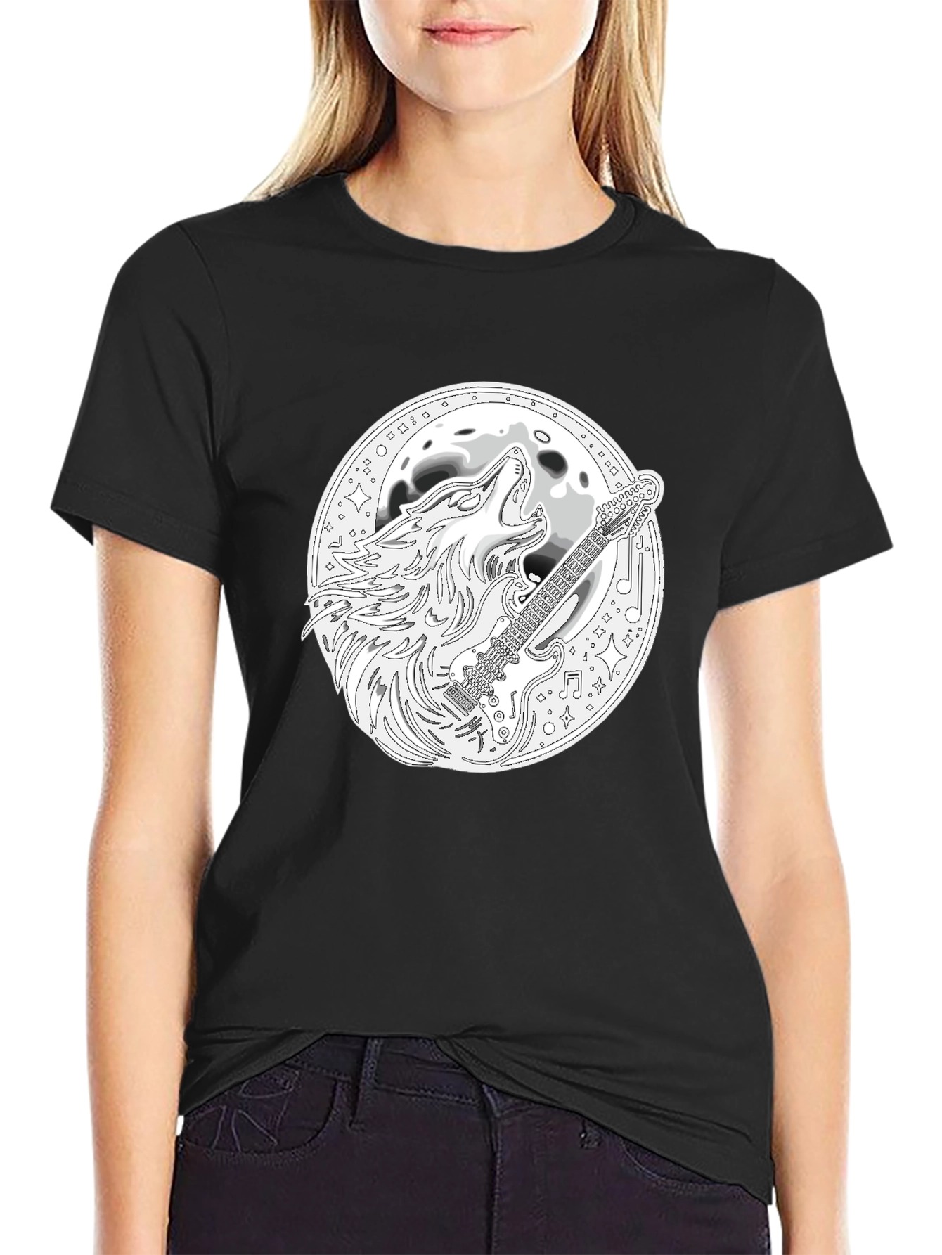 Black Wolf Guitar Moon Black T-Shirt view 2