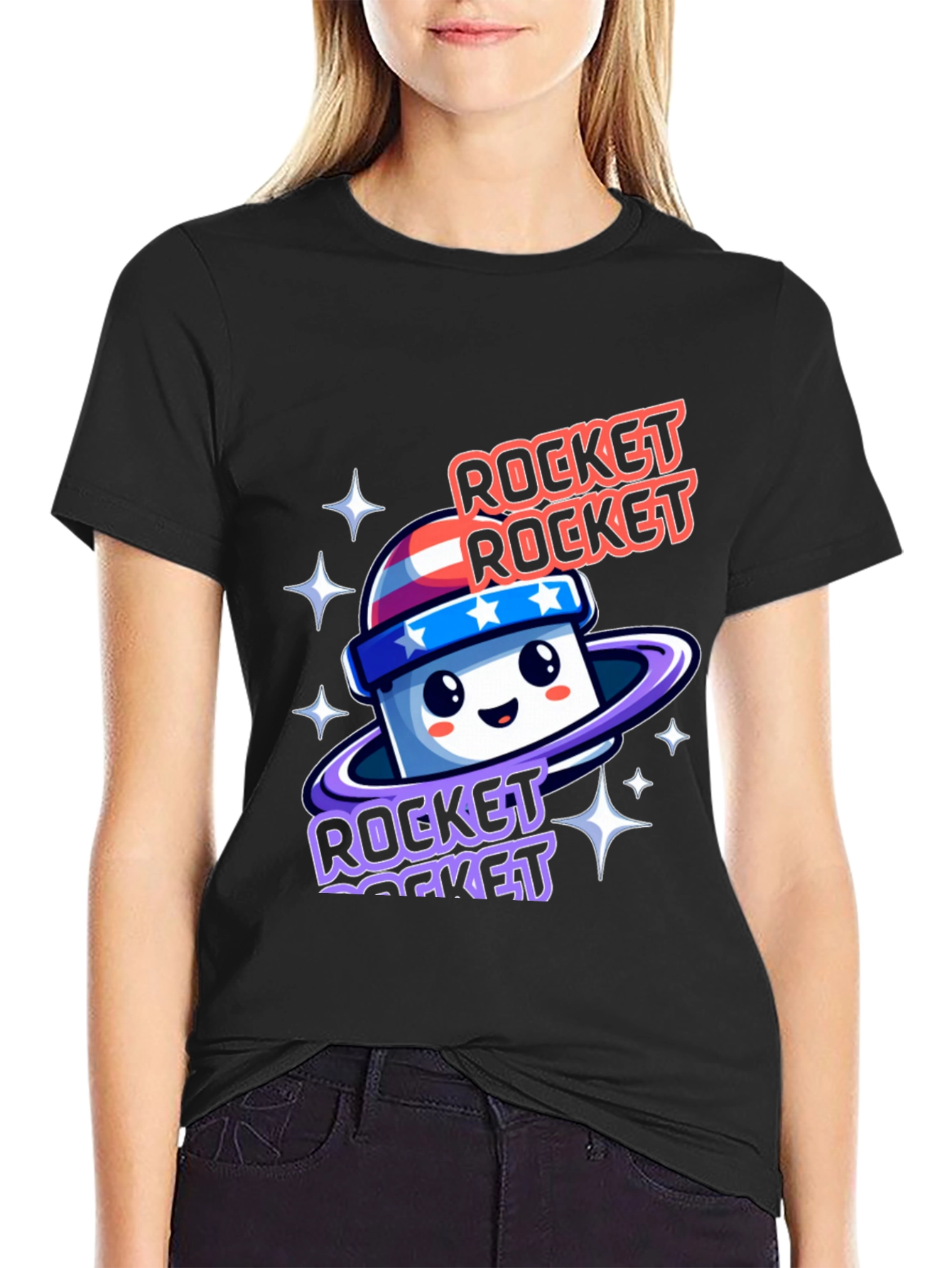 Black Rocket Rocket Cartoon Graphic Tee view 2