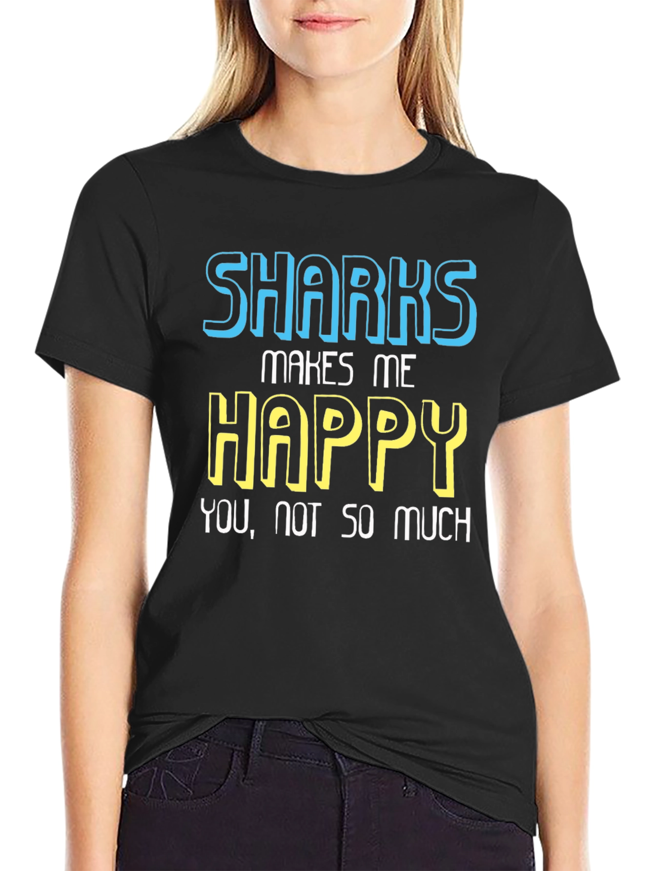 Black Funny Sharks Makes Me Happy Graphic Tee view 2