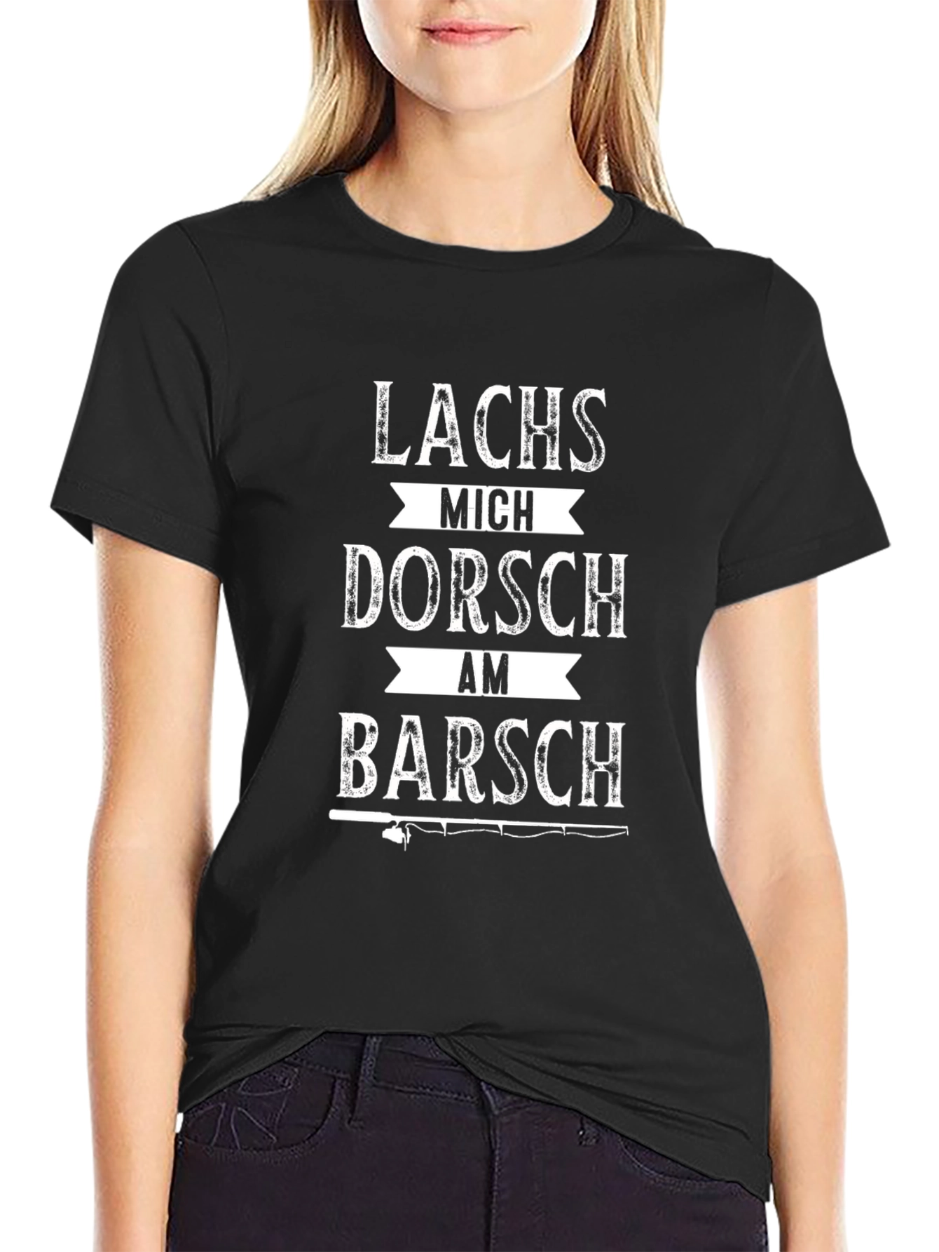 Black Fishing Humor Graphic T-Shirt - "Lachs Mich Dorsch Am Barsch" view 2
